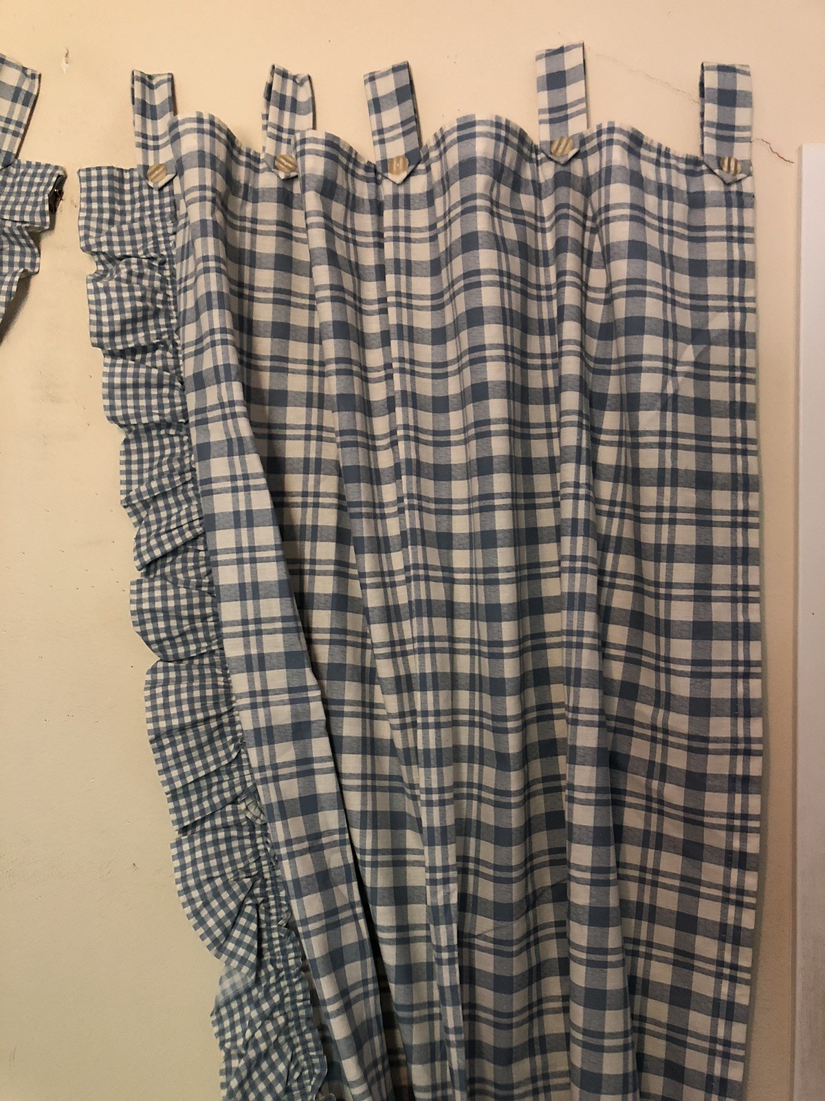 Cottagecore Set Of Curtains Blue White Plaid Ruffled Tab Top Each 80”L x 46”W