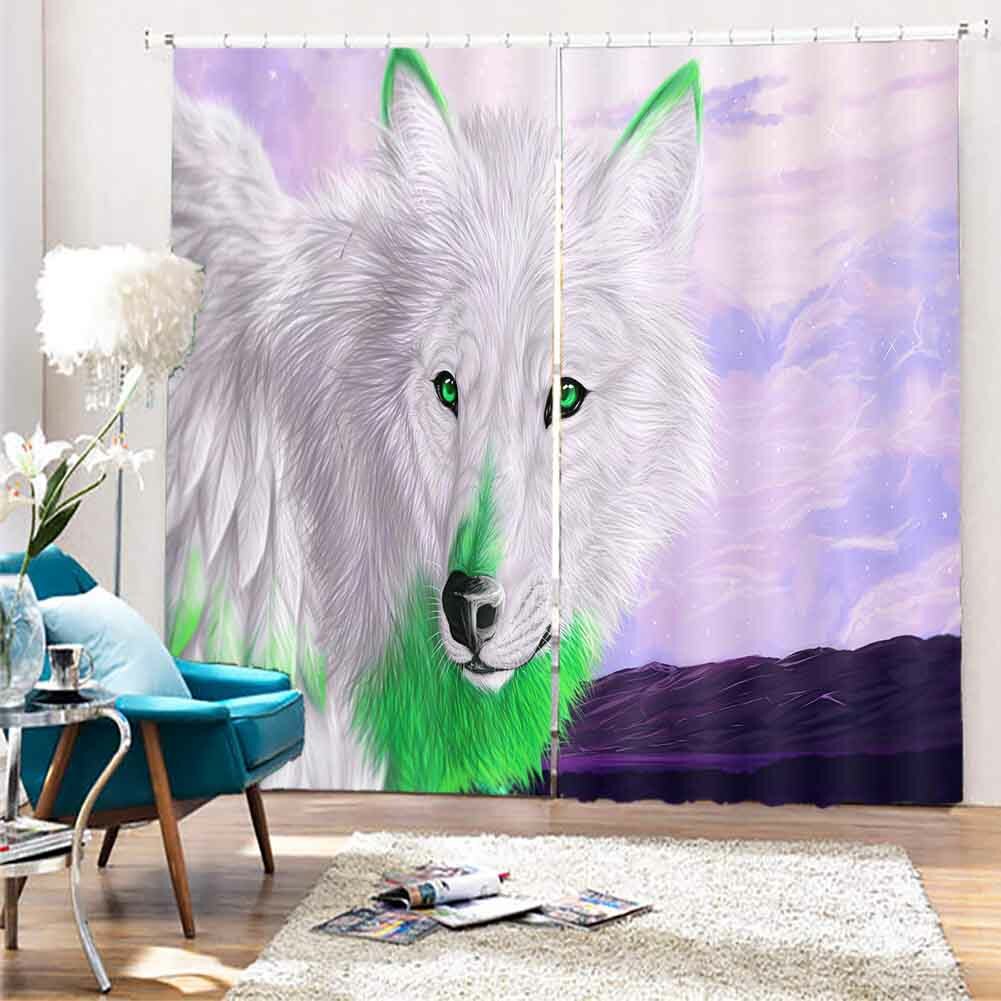 White And Green Wolf 3D Blockout Photo Print Curtain Fabric Curtains Window