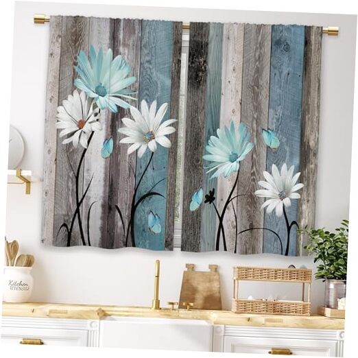 Teal Farmhouse Daisy Kitchen Curtains 27.5″W x 39″L (Pack of 2) 07_teal_daisy