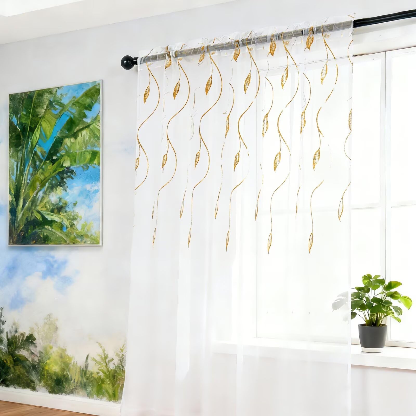 Gold Foil Print Sheer Curtains, 2 Panels Wicker Bronzing Treatment Sheer Curt…
