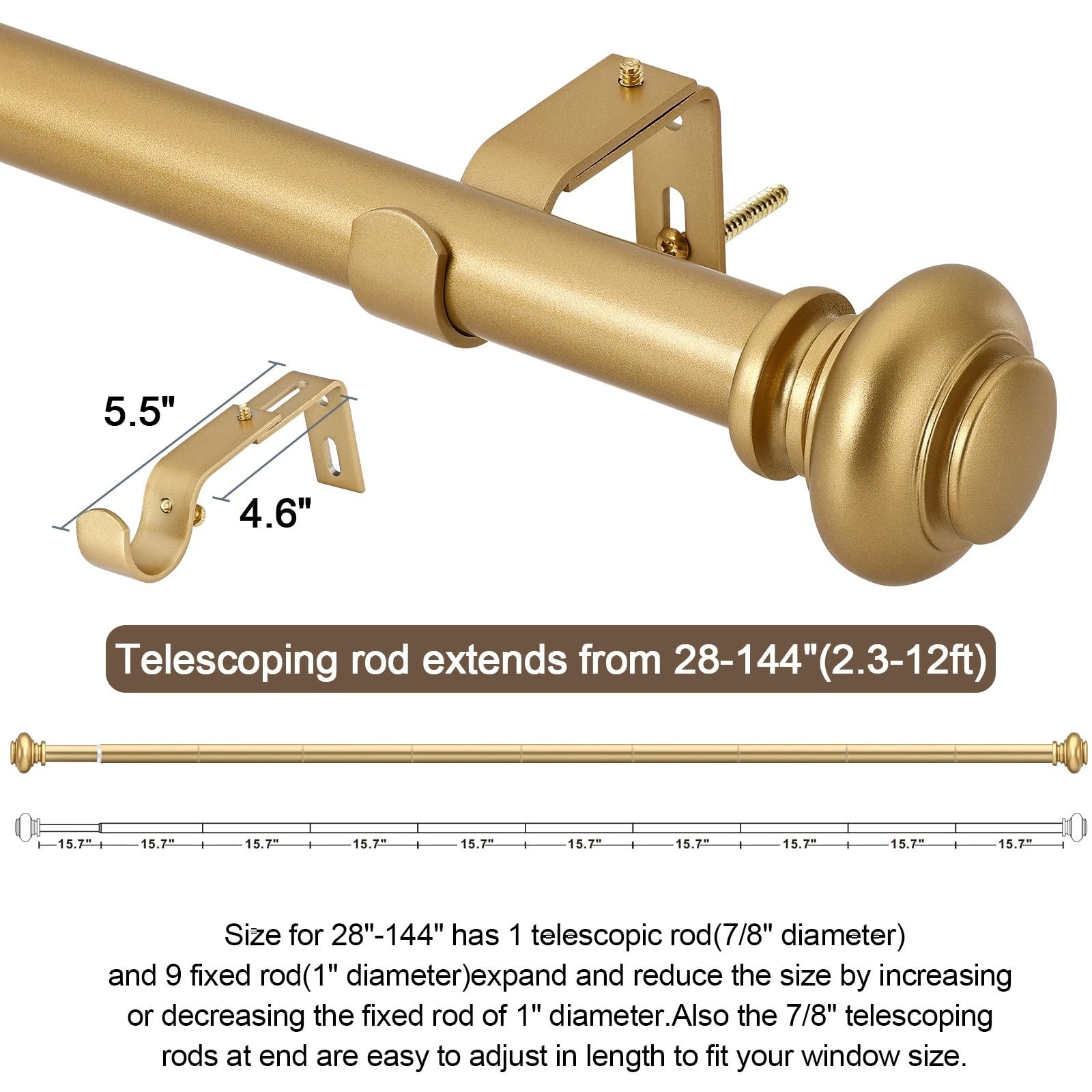 SIMEWIN Gold Curtain Rods for Windows 72 to 144 Inches Adjustable Decorative …