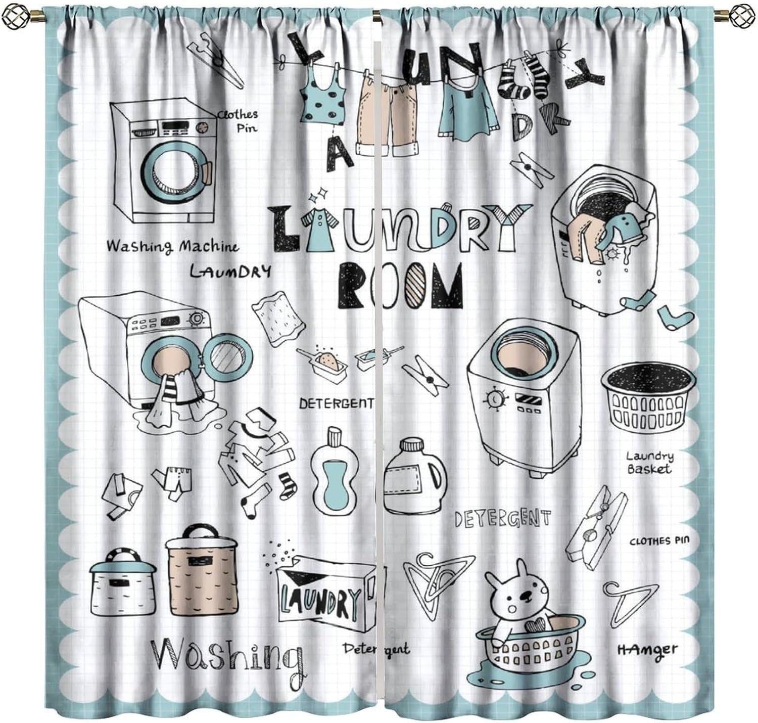 Laundry Curtain,Laundry Room Curtain Wash Dry Fold Repeat Pattern Print Decor Ro