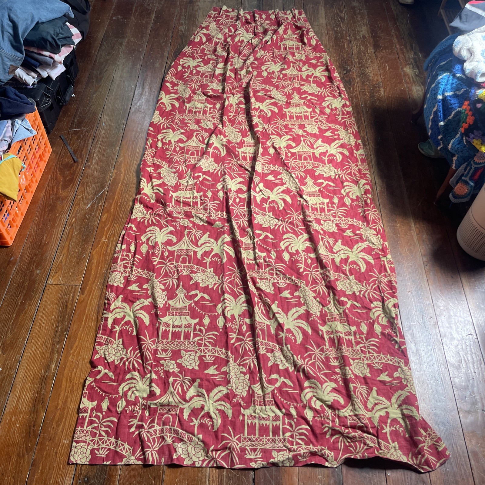 Vintage Set of 4 Pinch Pleat Curtains 70s MCM 108” Long Red Green Drapes Retro