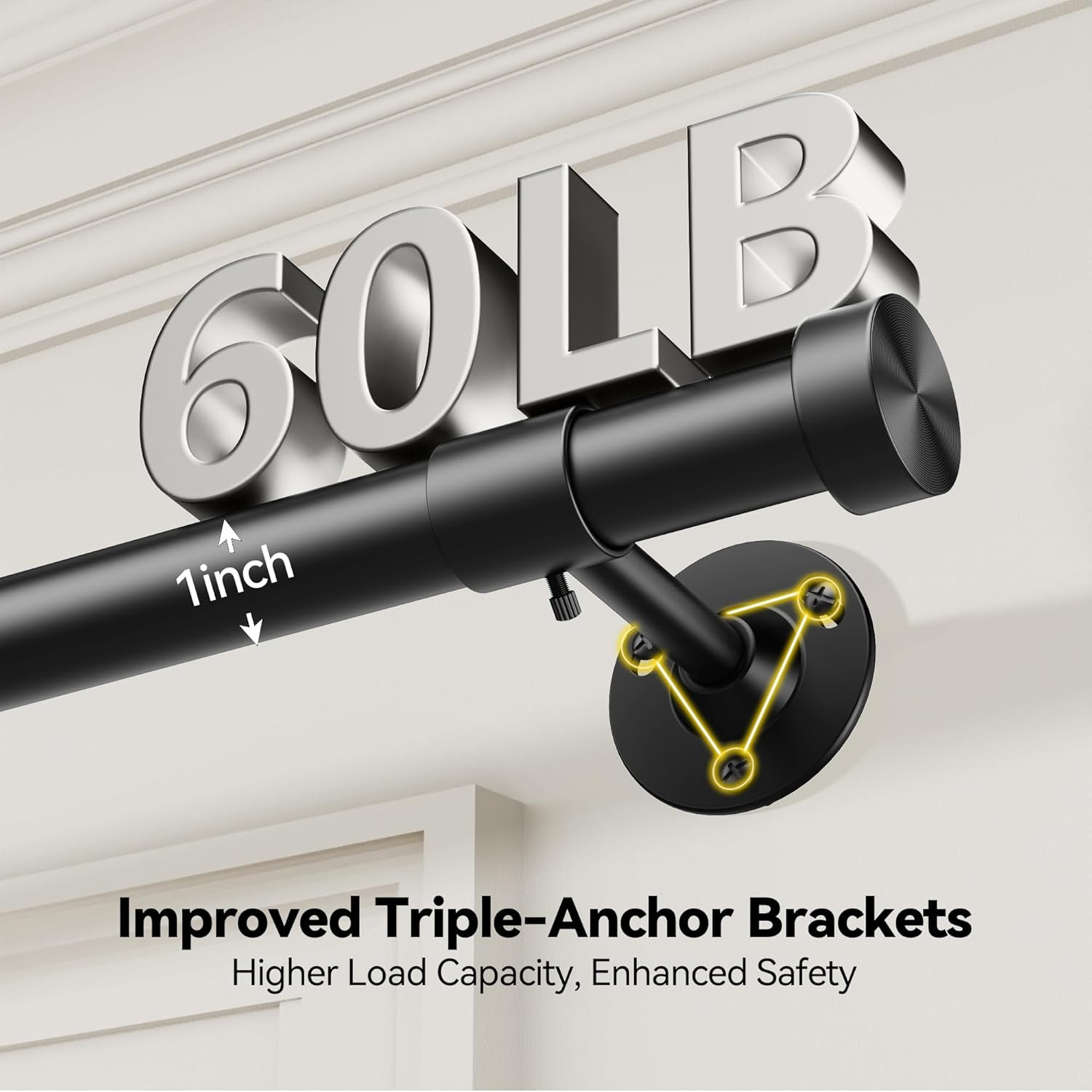 Heavy Duty Curtain Rods 32-150 Inch, 1 Inch Adjustable Black Curtain Rod for Win