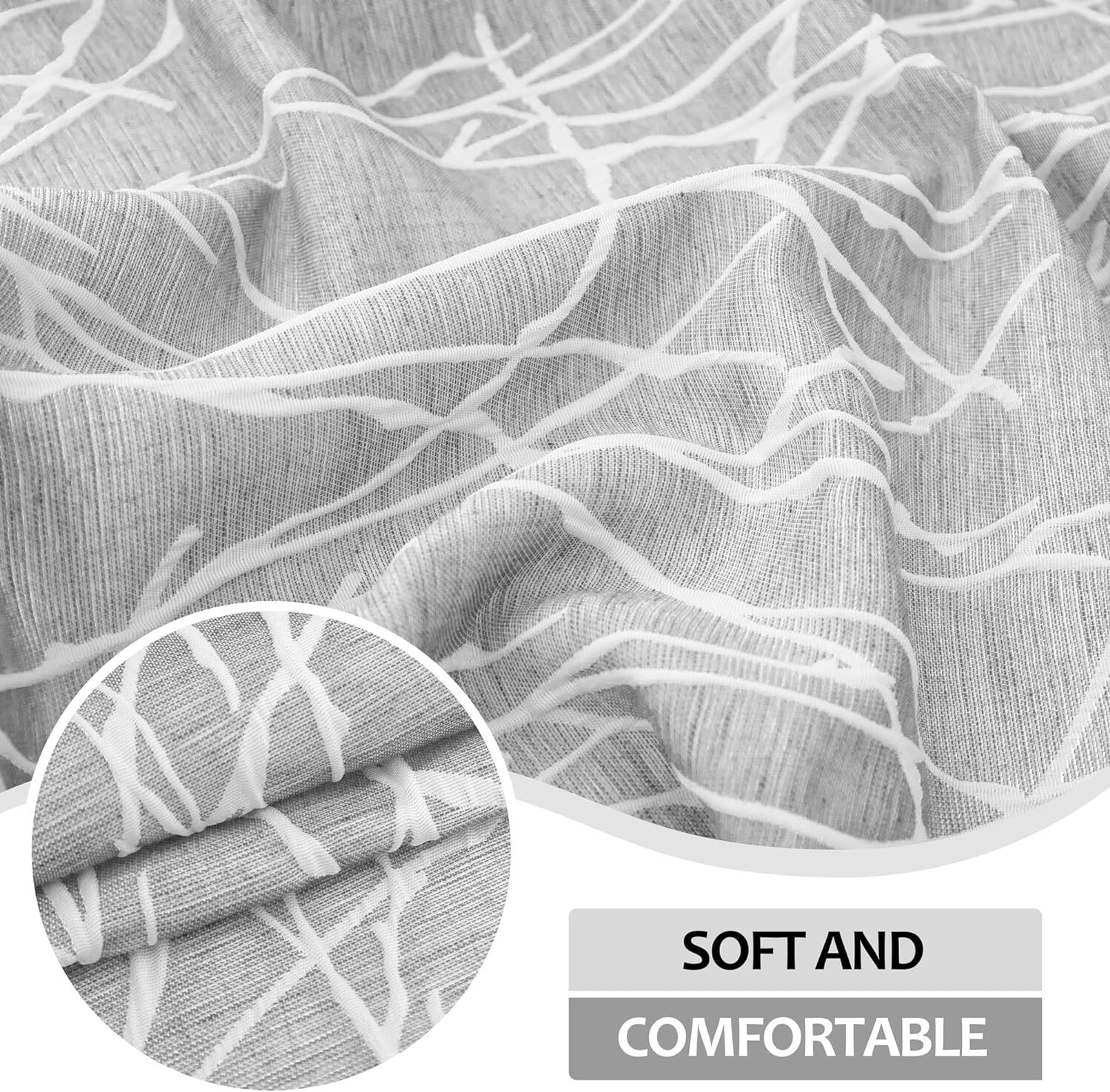 84″ Linen Textured Curtains 2 Panels Gray White Tree Branch Semi Blackout Farmho