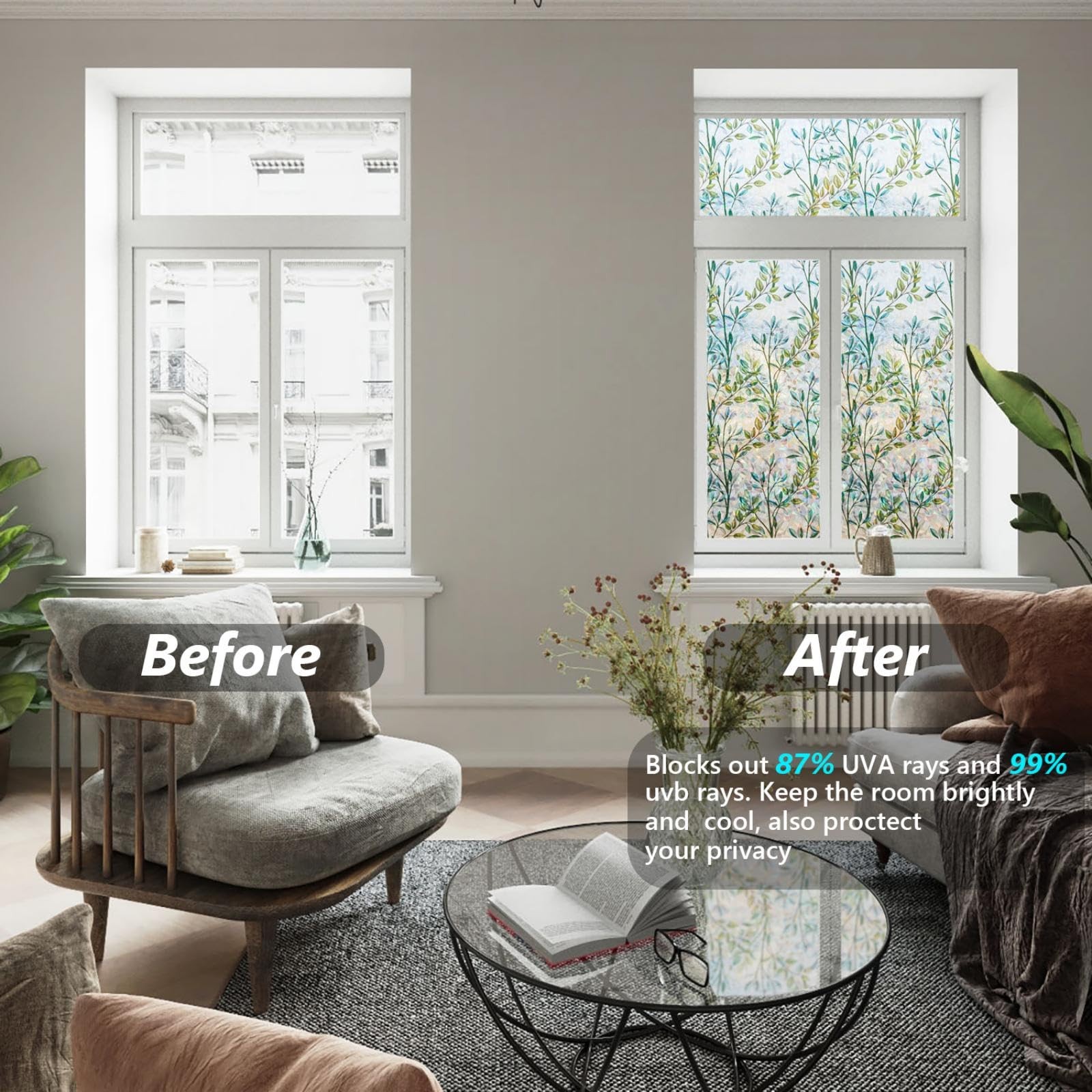 Finnez Window Privacy Film 3D Static Cling 17.5 Inch x 6.5 Feet, Foliage