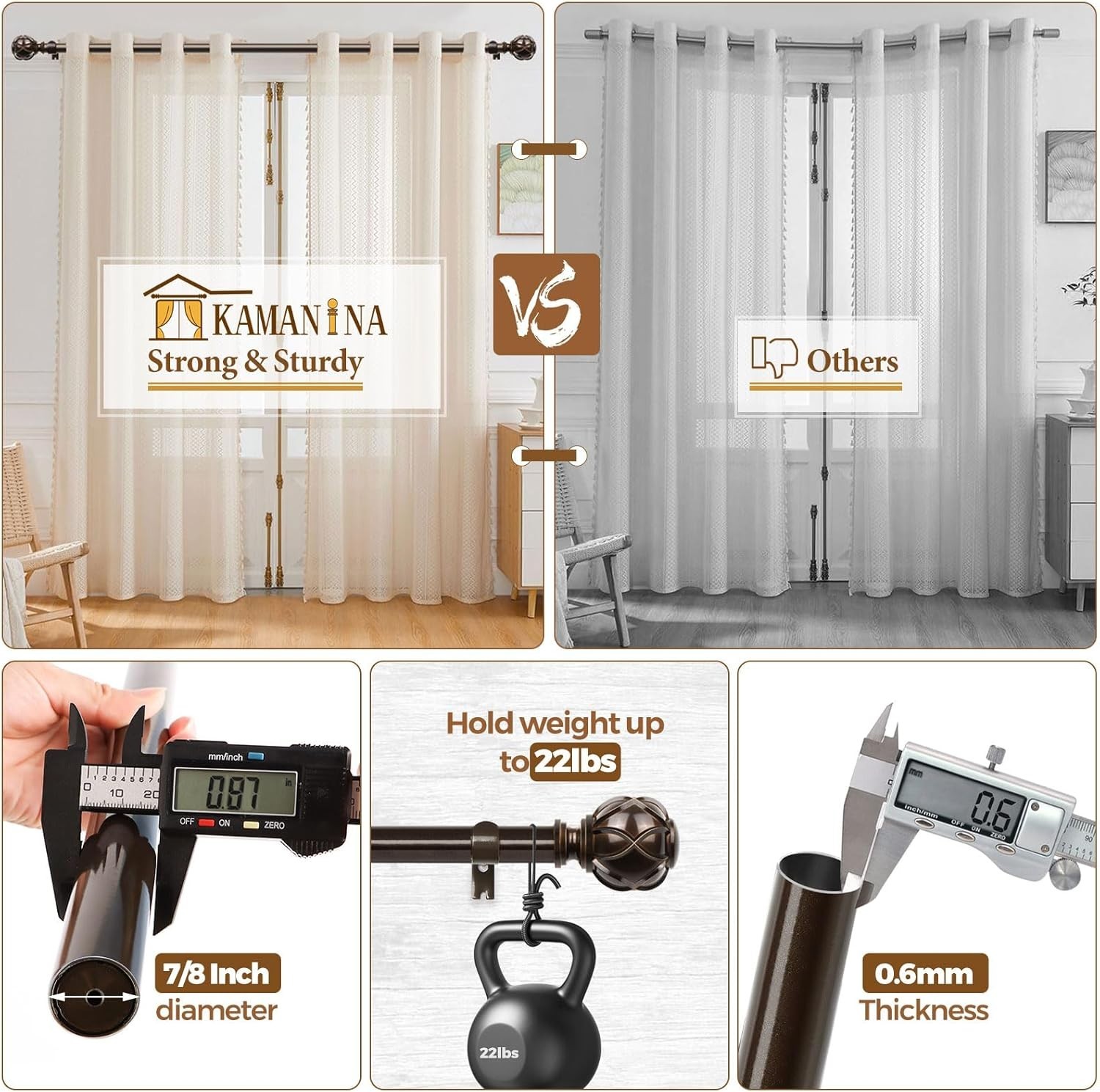 Heavy Duty Adjustable Curtain Rods Iron 72-144 Inches Decorative Bronze