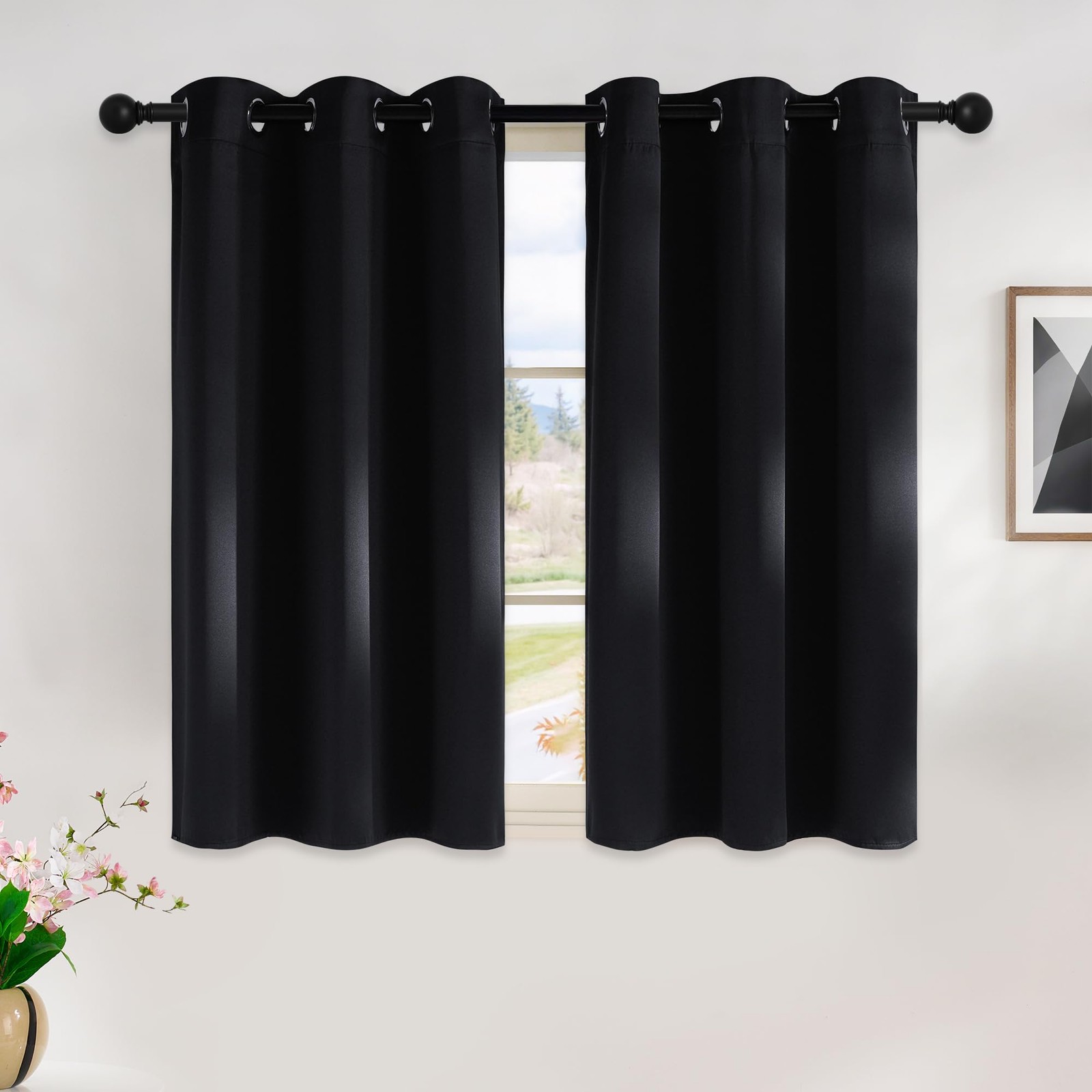 Blackout Curtains 45 Inches Long Kitchen Drapes, Black Solid Thermal Insulate…