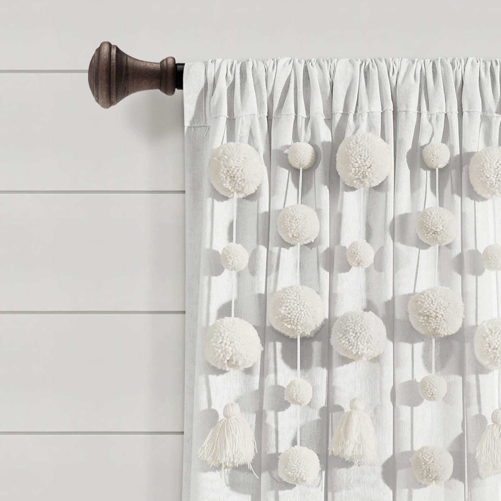 Elegant Off White Faux Linen Curtain 52×95 with Pom Poms for Home Decor