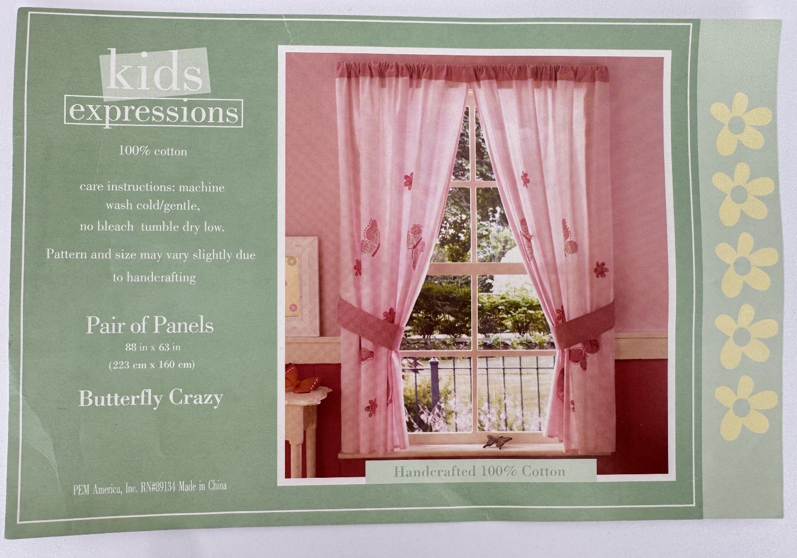 2 Curtain Panels & tiebacks ~ embroidered, appliqued BUTTERFLIES on pink NEW