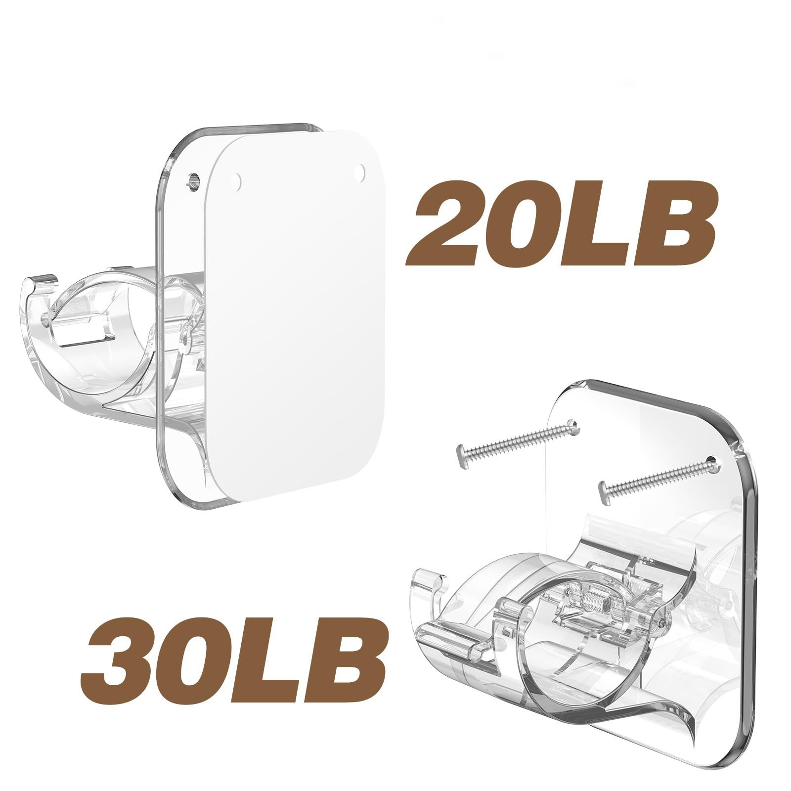 Adjustable No Drill Curtain Rod Holders, 2pcs, 20lb, Clear
