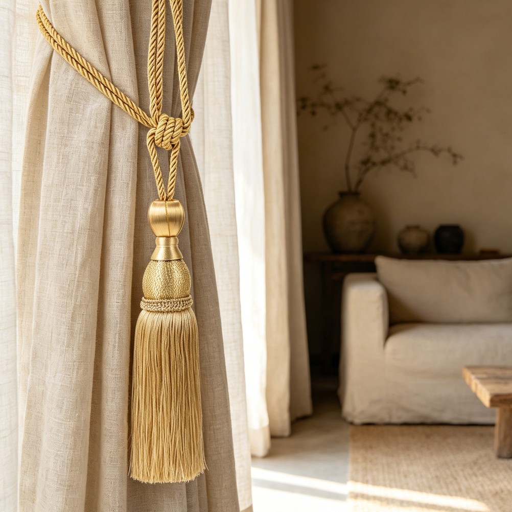 2Pcs Reusable Gold Curtain Tie Backs with Polyester Tassels for Elegant Drapery