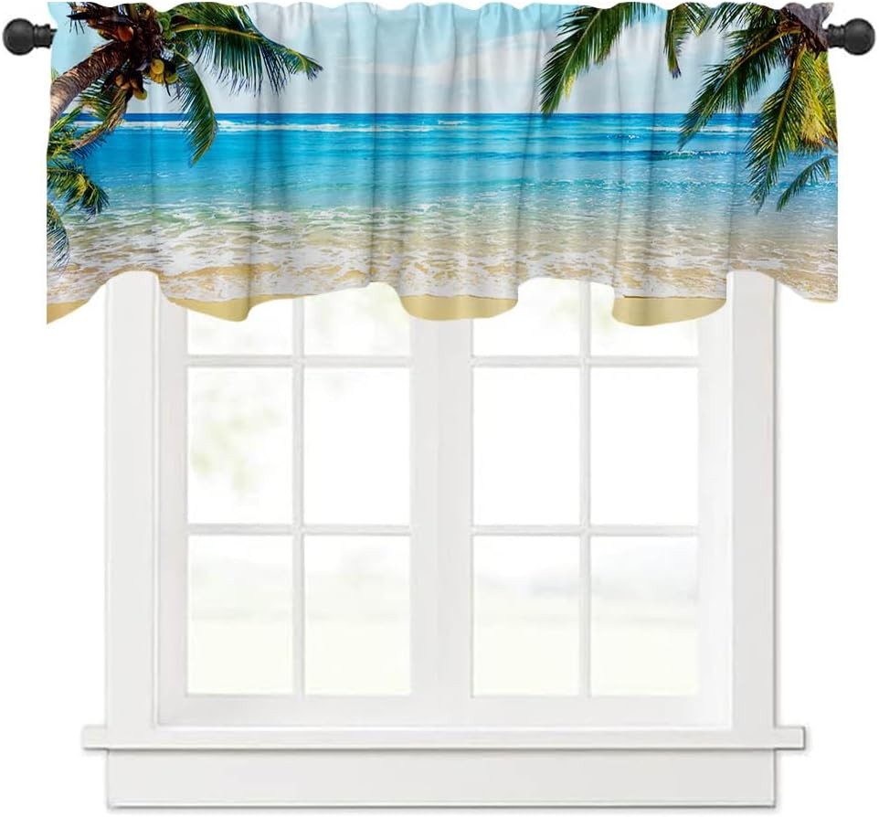 54×18 Inches Blue Sea Seaside Window Treatment Valance Coconut Tree Fine Summer