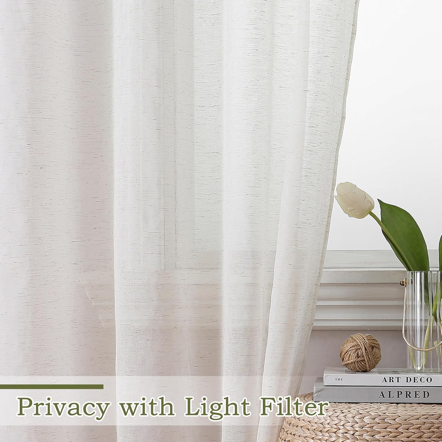 Linen Sheer Curtains 84 Inches Long 2 Panels Set for Bedroom, Natural Linen