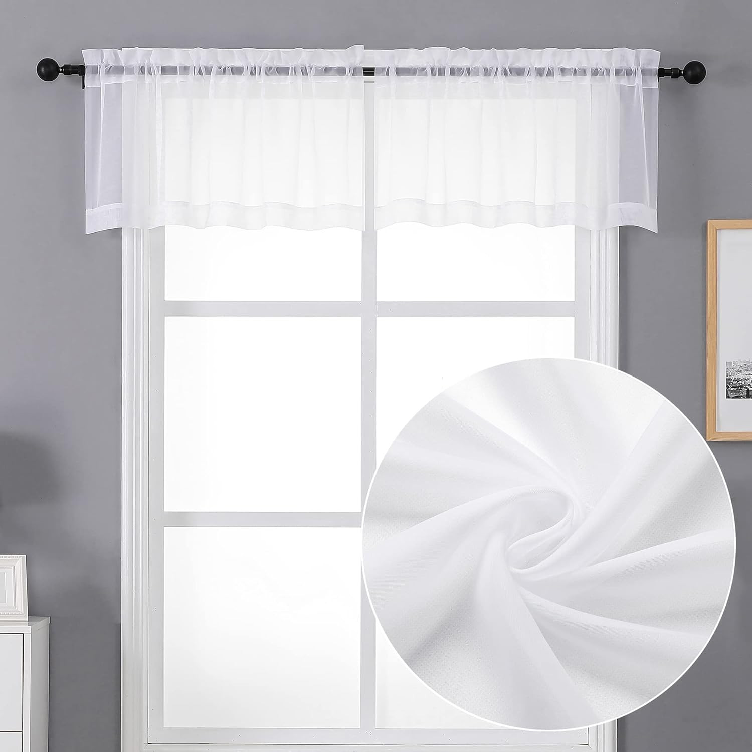 Sheer White Valances for Windows 2 Pack, Small Window Curtains for Living Room B
