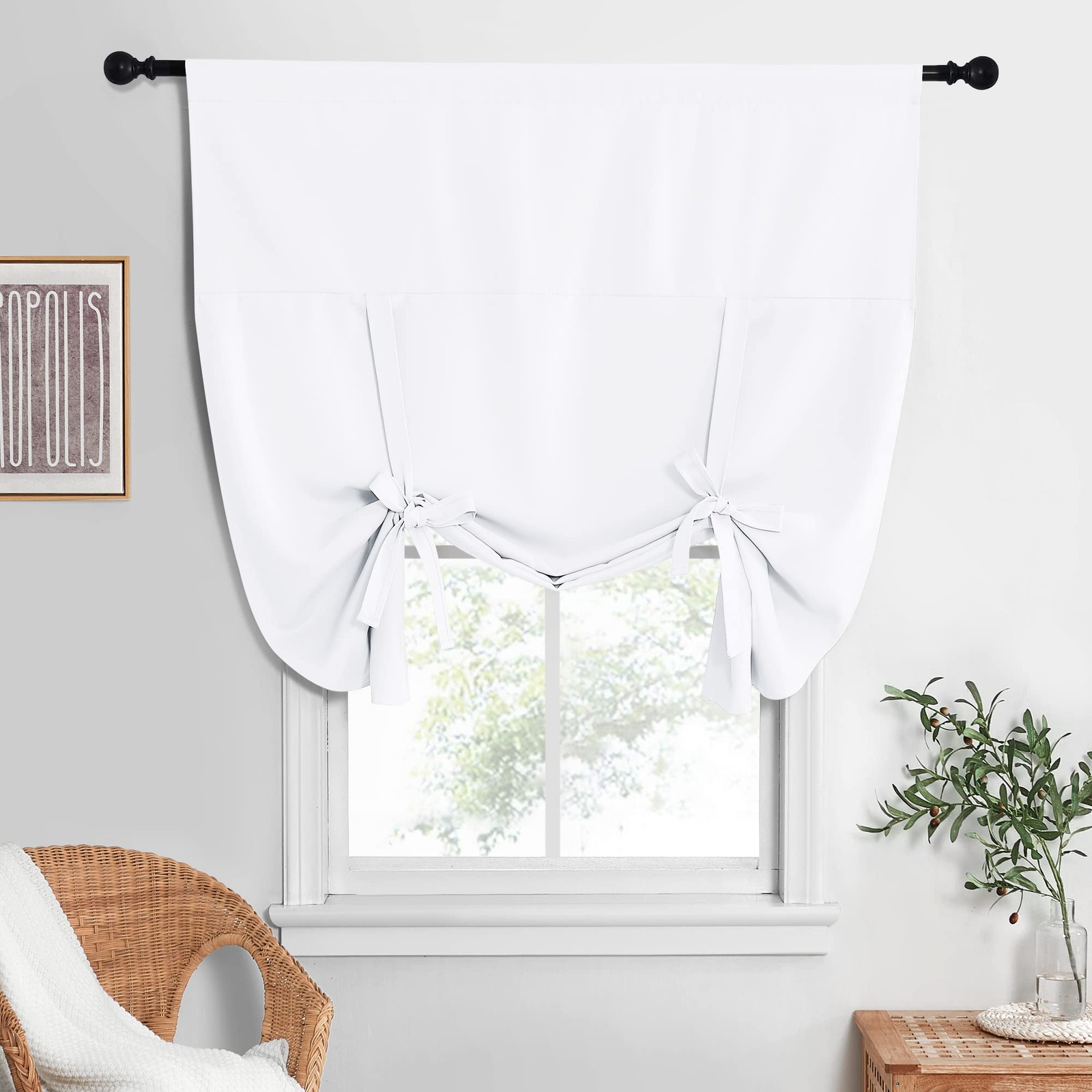 Pure White Curtain Thermal Insulated Tie Up Window Shade for Kitchen Light Bl…