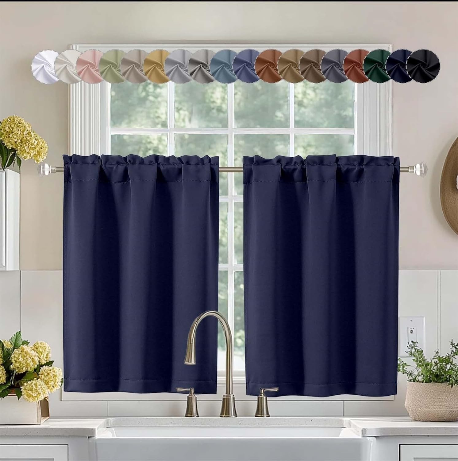 Navy Blue Blackout Curtain 36 Inch 2 Panels Rod Pocket Short Window Drapes