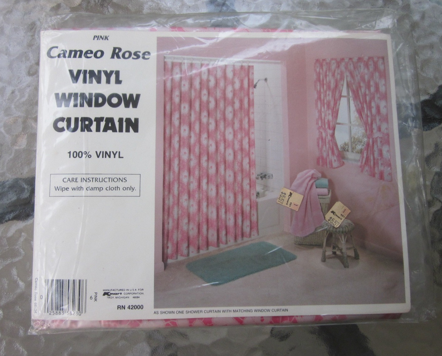 Vintage NOS Cameo Rose Vinyl Window Curtain ONLY New In Package 68″ x 54″ Pink