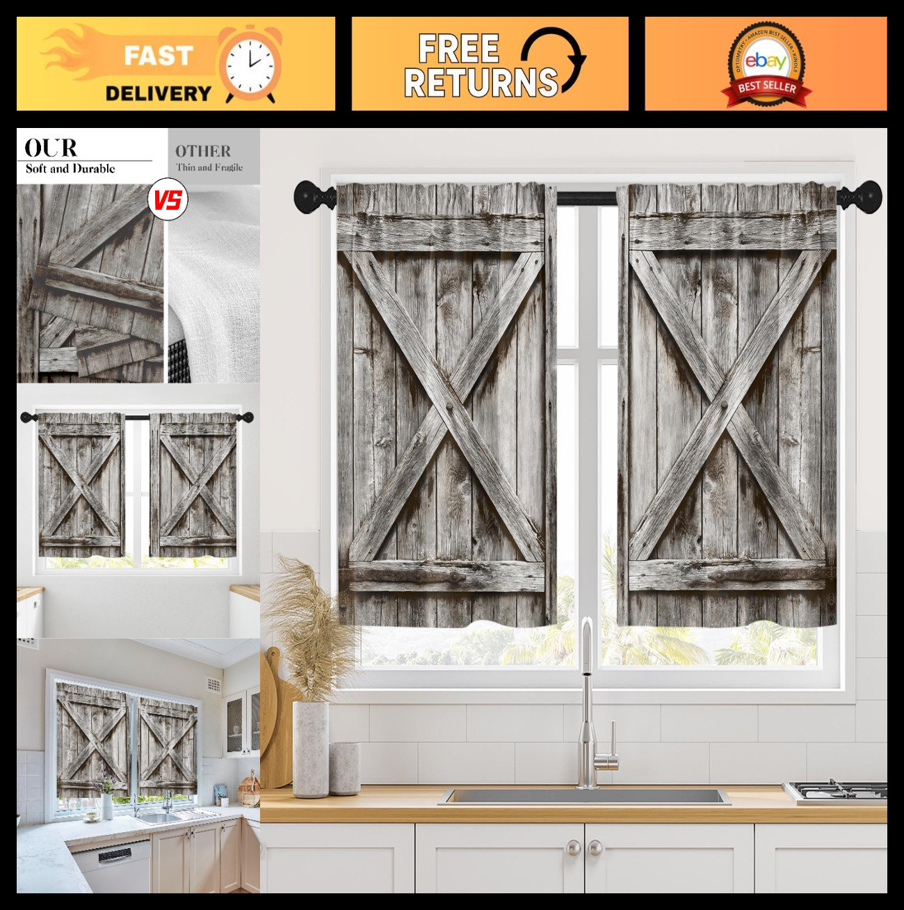Rustic Wooden Barn Door Kitchen Curtains – Vintage Short Window Drapes Set of 2