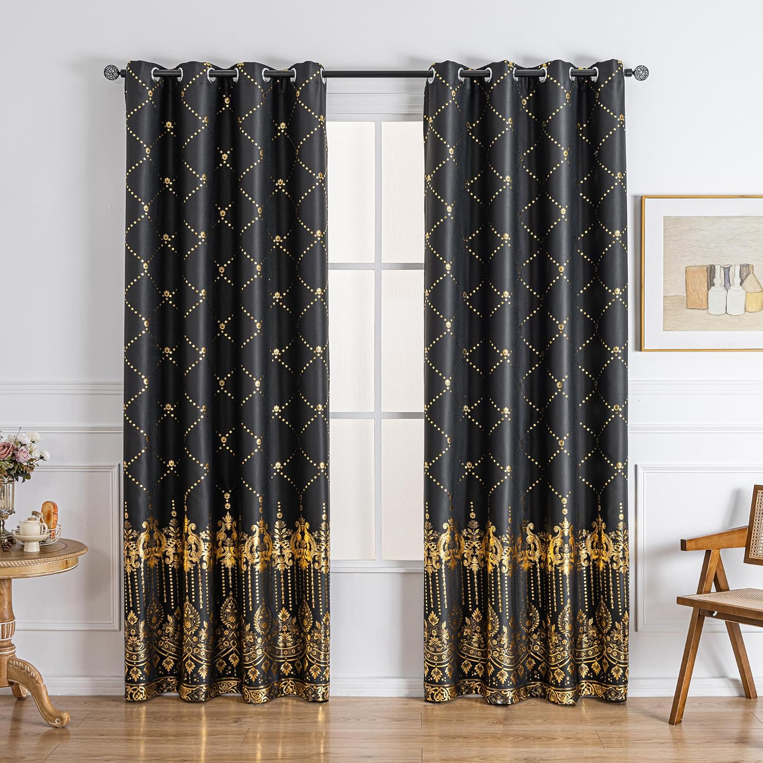 Blackout Window Curtains 52×84″ Black Gold Grommet Drapes – 2PCS Set