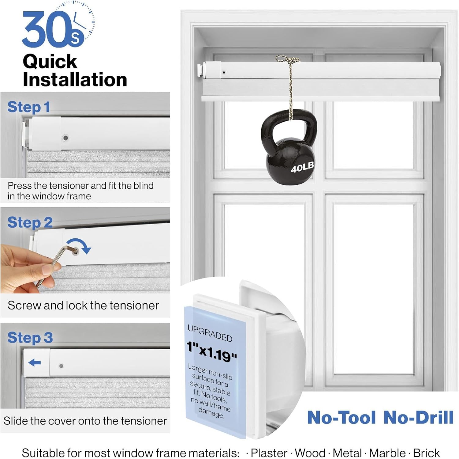 No Drill Cellular Shades, White 32″ W x 48″ H Cordless Blackout Pull Down