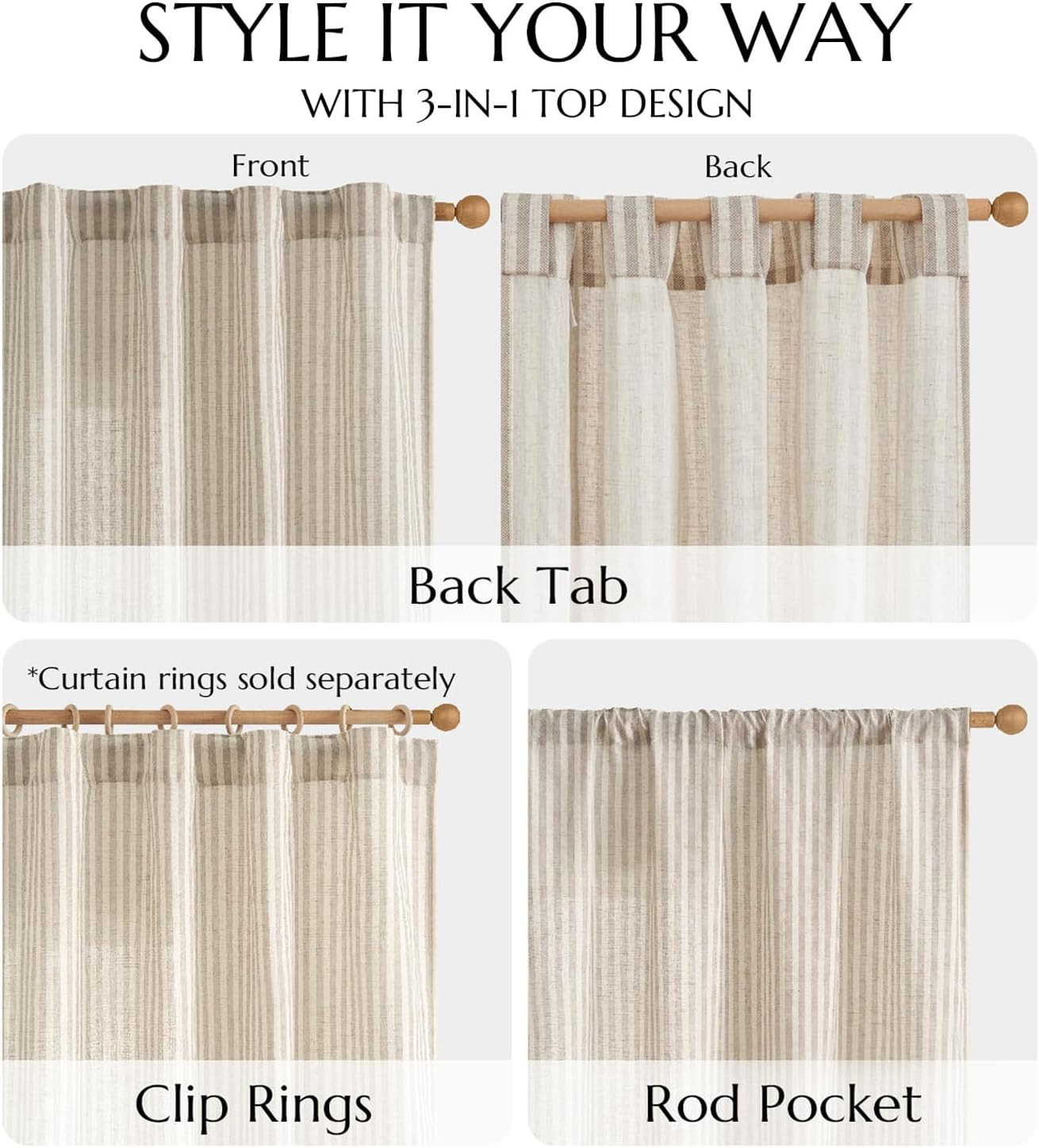 jinchan Linen Curtains Taupe Grey on Beige Striped Curtains for Living Room Bedr