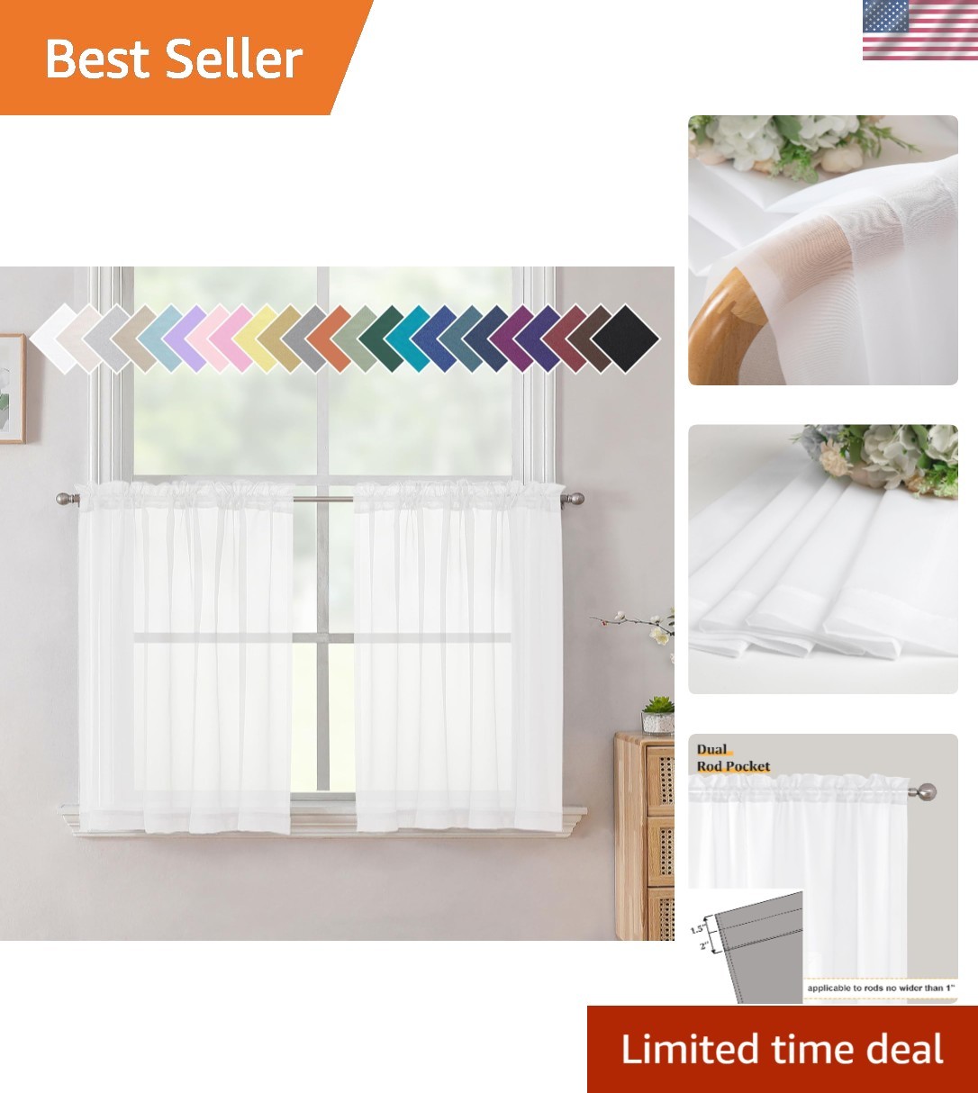 Light Filtering Sheer Valances – 2PCS White Curtains for Kitchen & Living Room