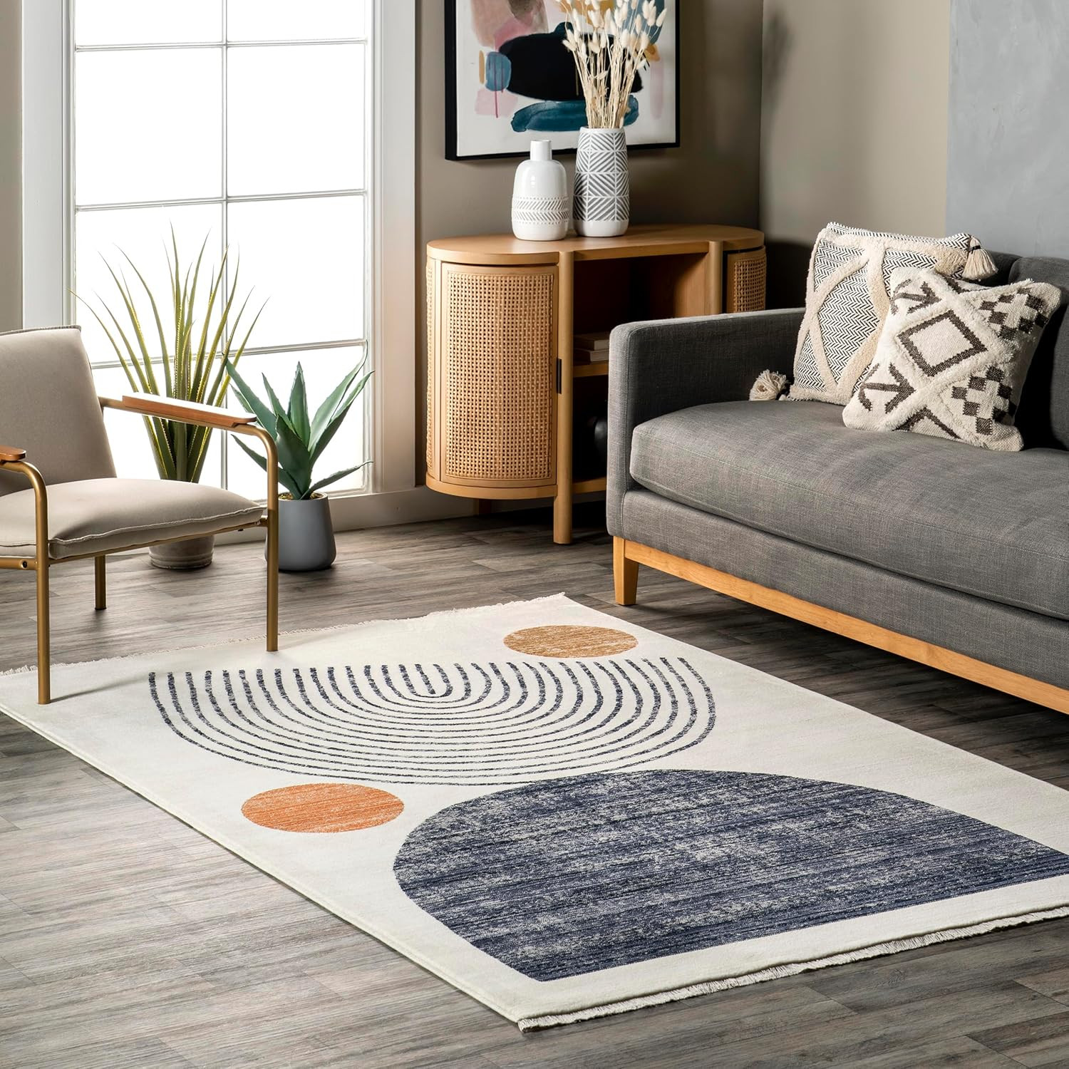 Fringed Beige/Multicolor Area Rug, 6’7″ x 10’2″, Soft, Stain Resistant, Durable