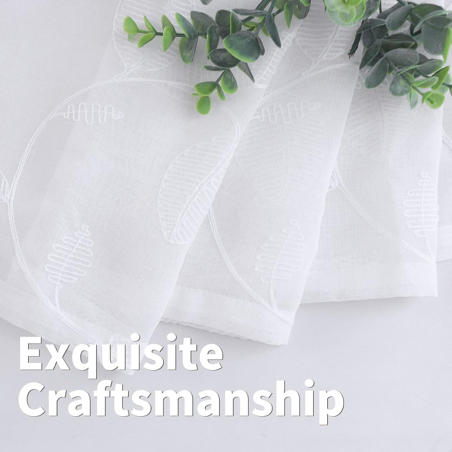 White Sheer Curtains 84 Inches Long 2 Panels – Embroidered Leaf Pattern Semi She