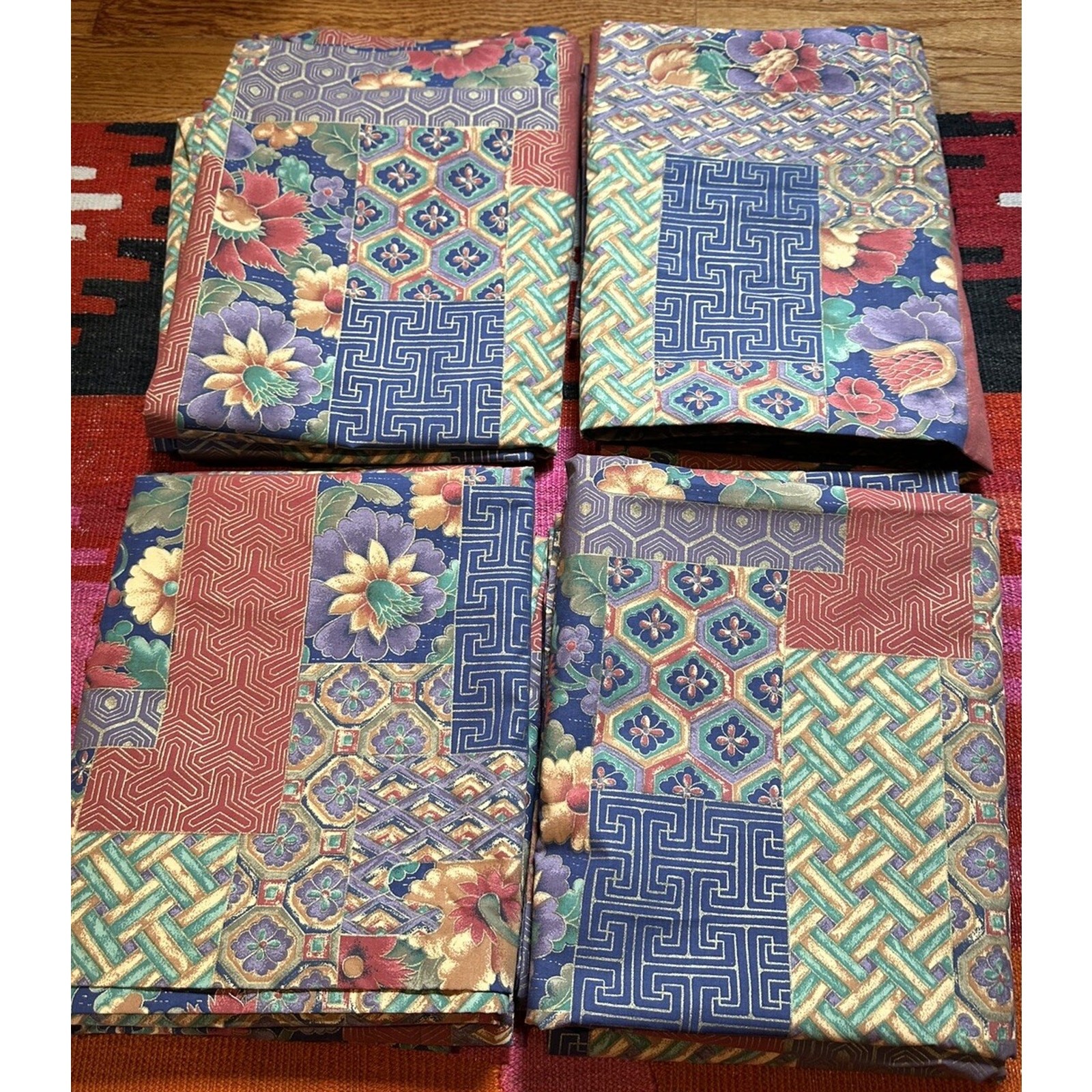 Sheridan Australia Drapes Curtains Set Of 4, Patchwork Blue Red Lined Rare50x84”