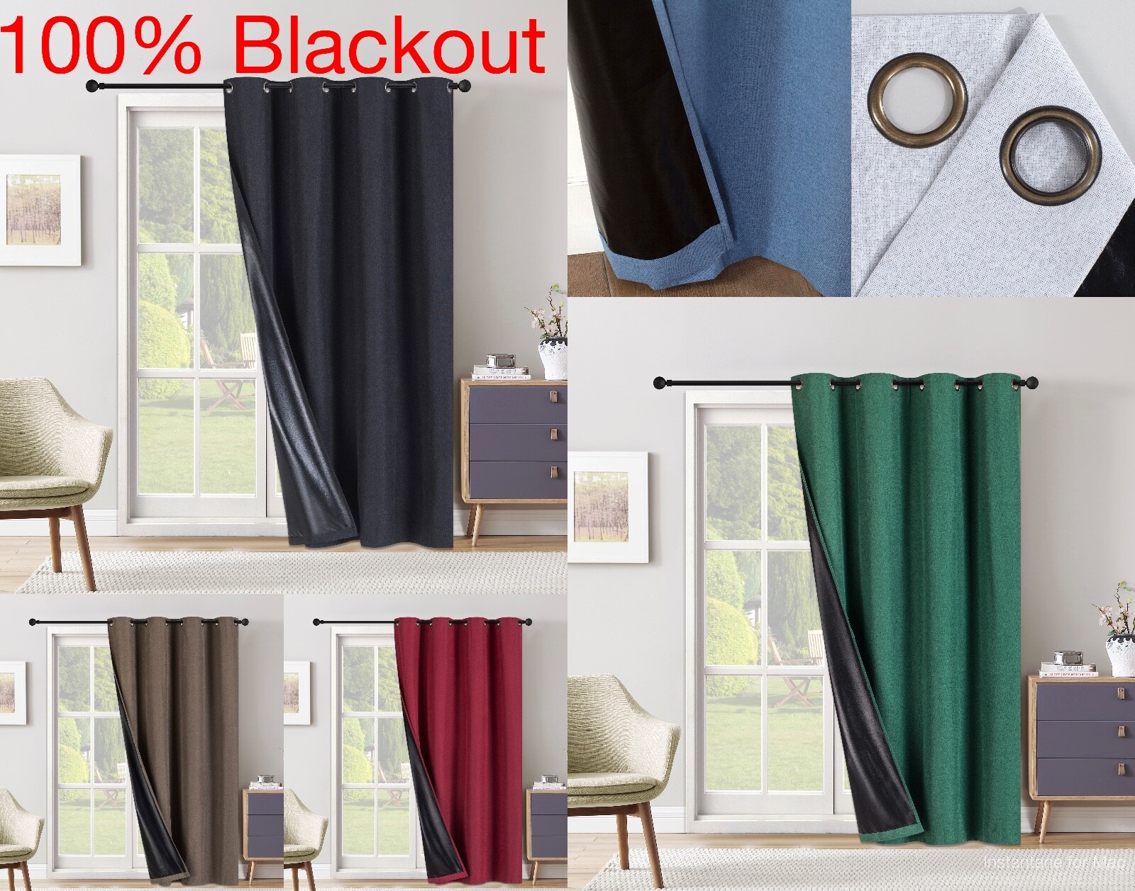 100% Blackout EXTRA WIDE Window Curtain – Black Backing – 8 Grommets All Sizes