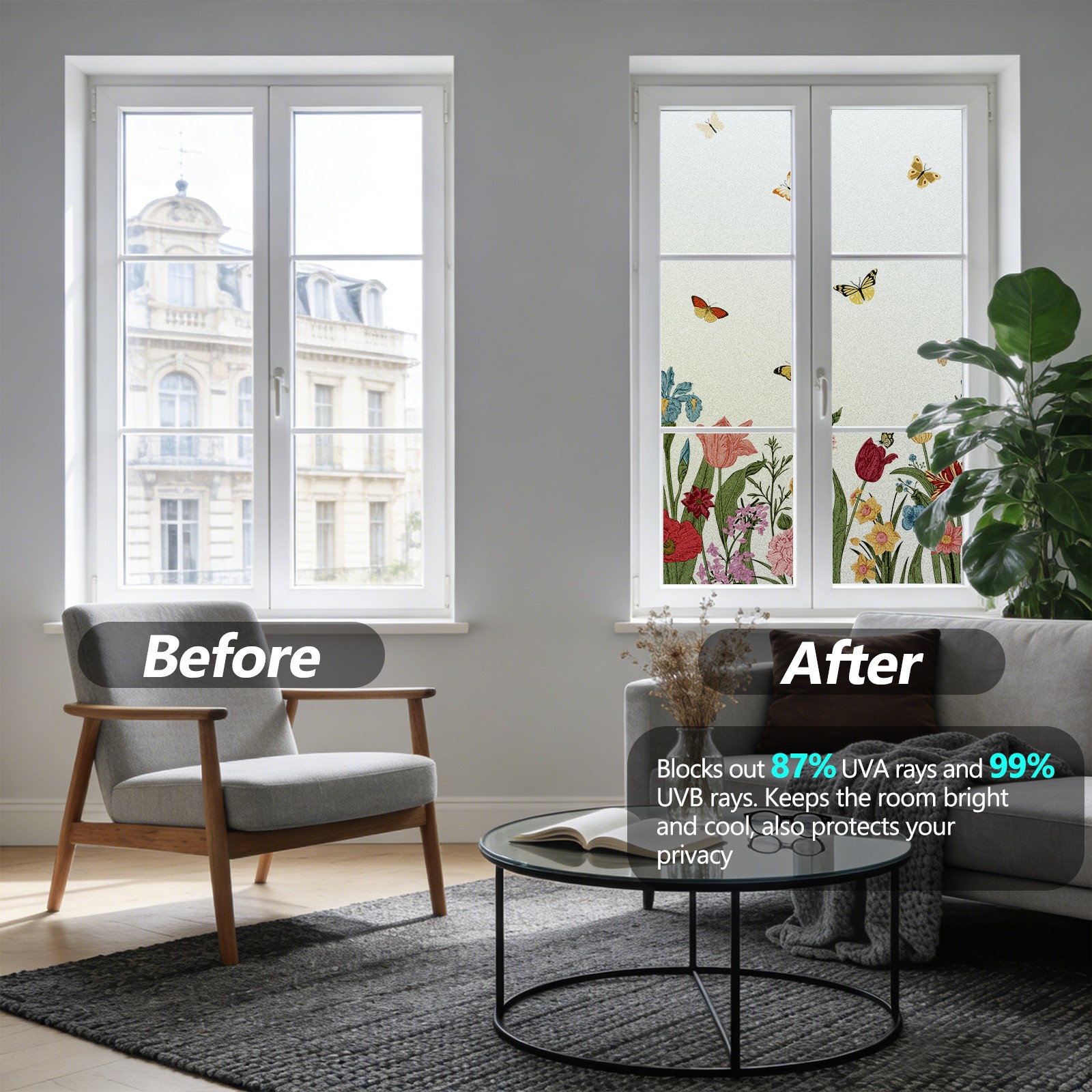 Flower and Bird Thickened Insulation Without Glue, Privacy Window Film Sticker