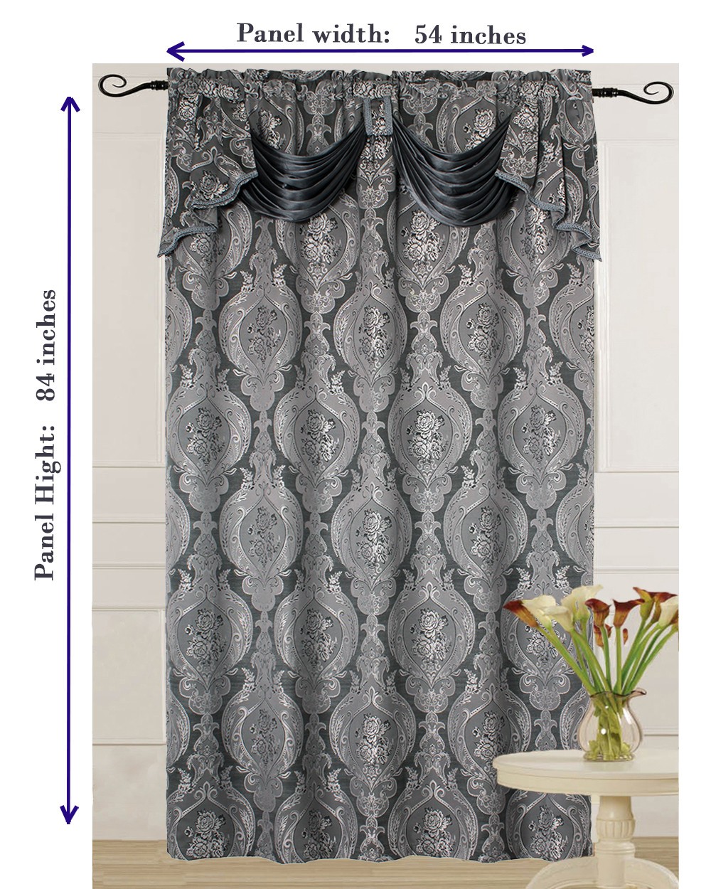 ROSA Luxury Jacquard Curtain Panel with Attached Waterfall Valance 54″ X 84″