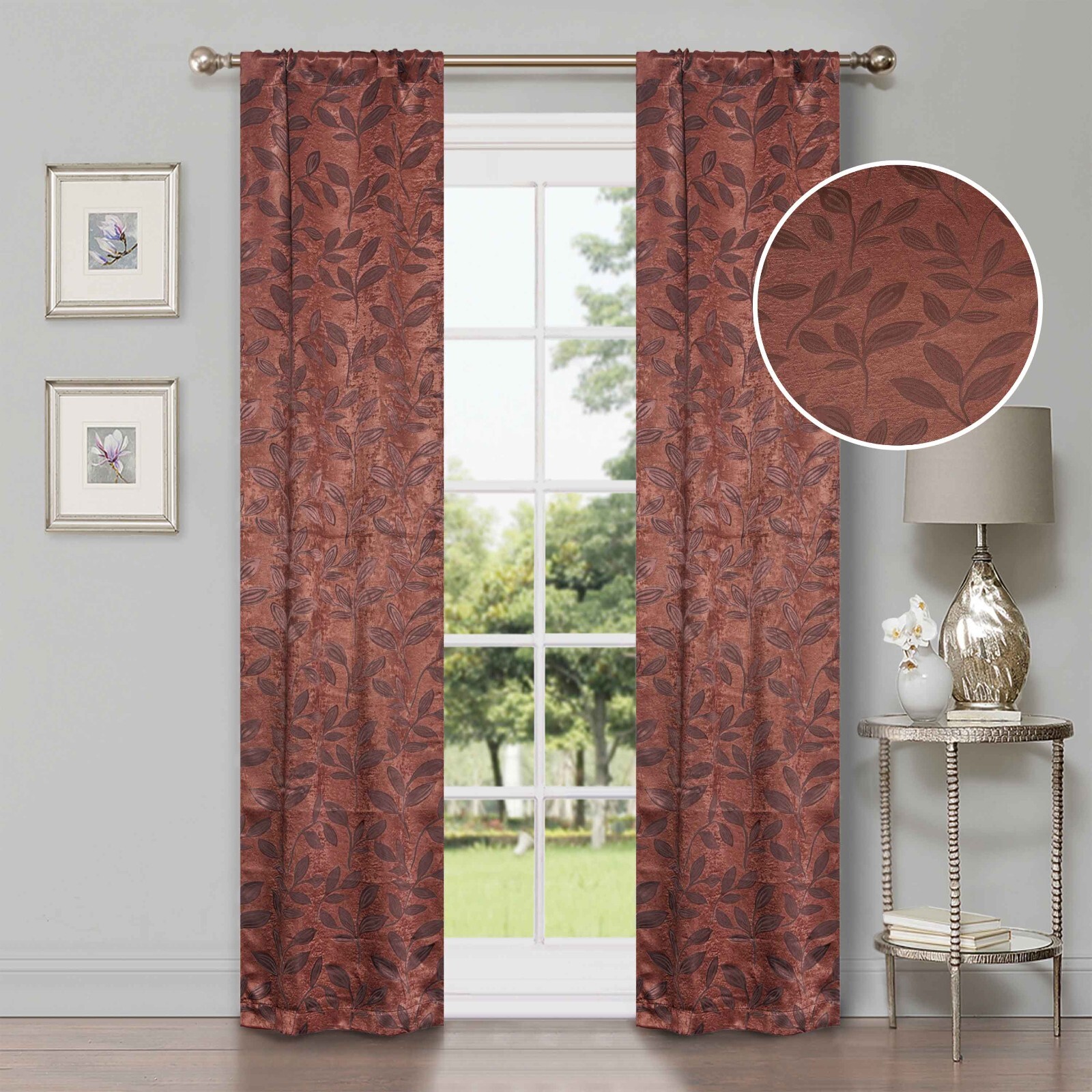 Modern Bohemian Leaves Room 26″ Wide Darkening Blackout Curtains, Set of 2