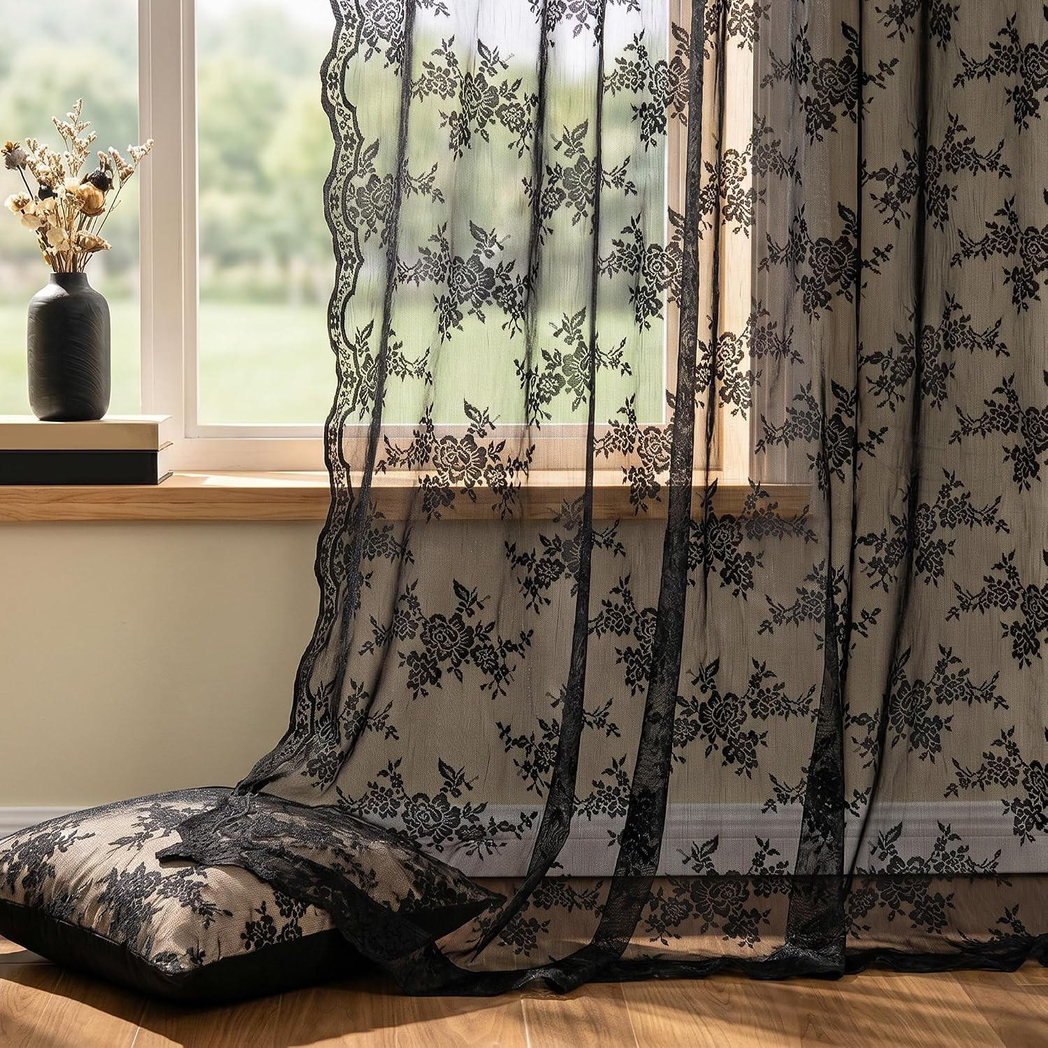 Black Lace Curtains 63 Inch Length 2 Panels Set, Victorian Vintage Gothic Sheer