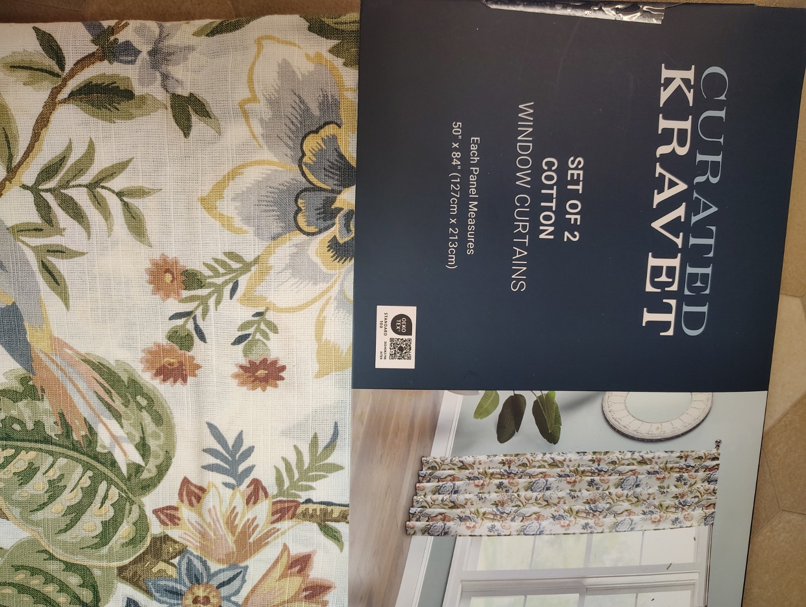 NWT Curated Kravet 2 pc Window Curtains Tree of Life Floral Birds Cotton 84″ lg