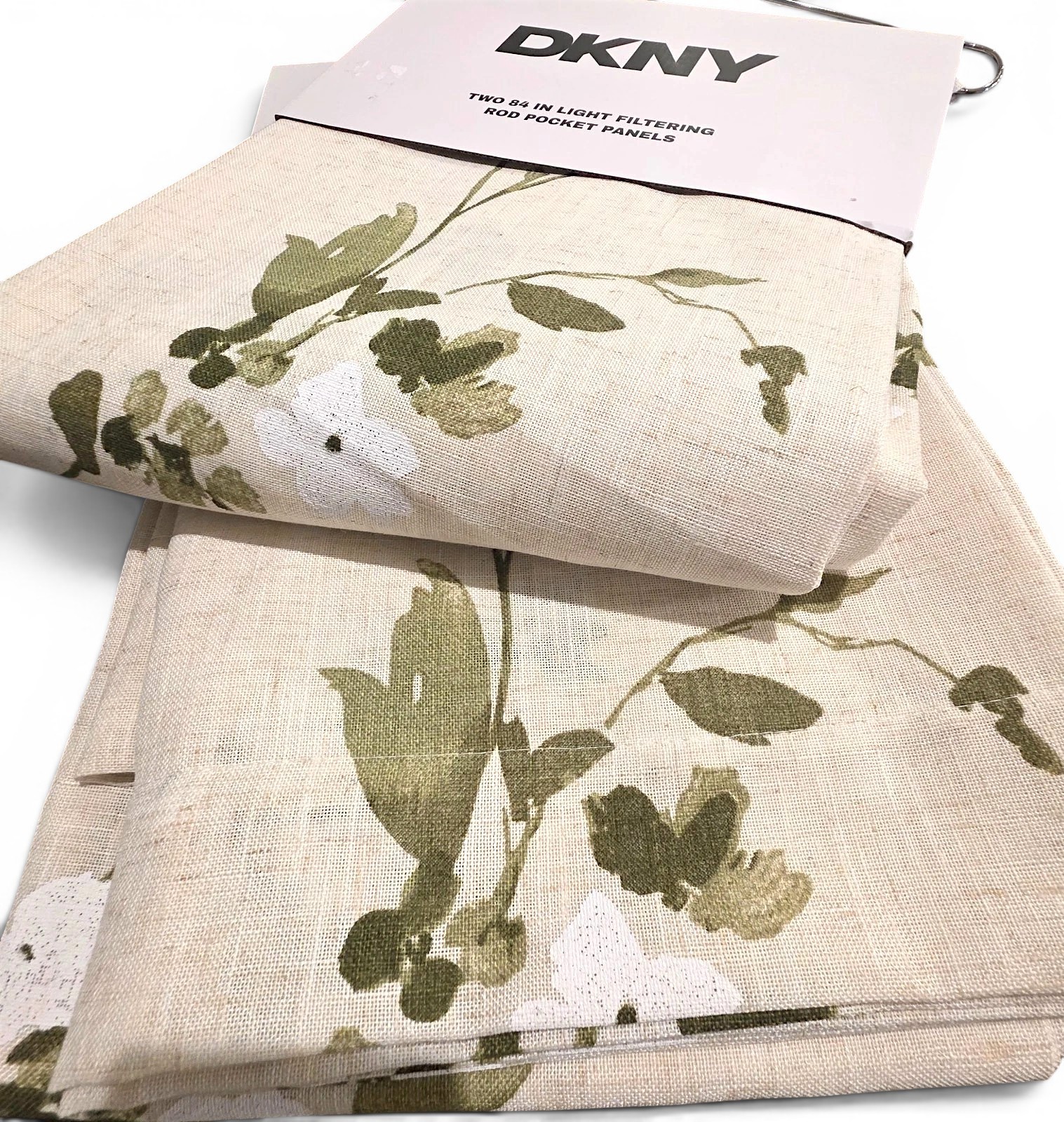 DKNY Floral Sketch Curtains Set of 4 37×84 Loden Natural Linen Blend New