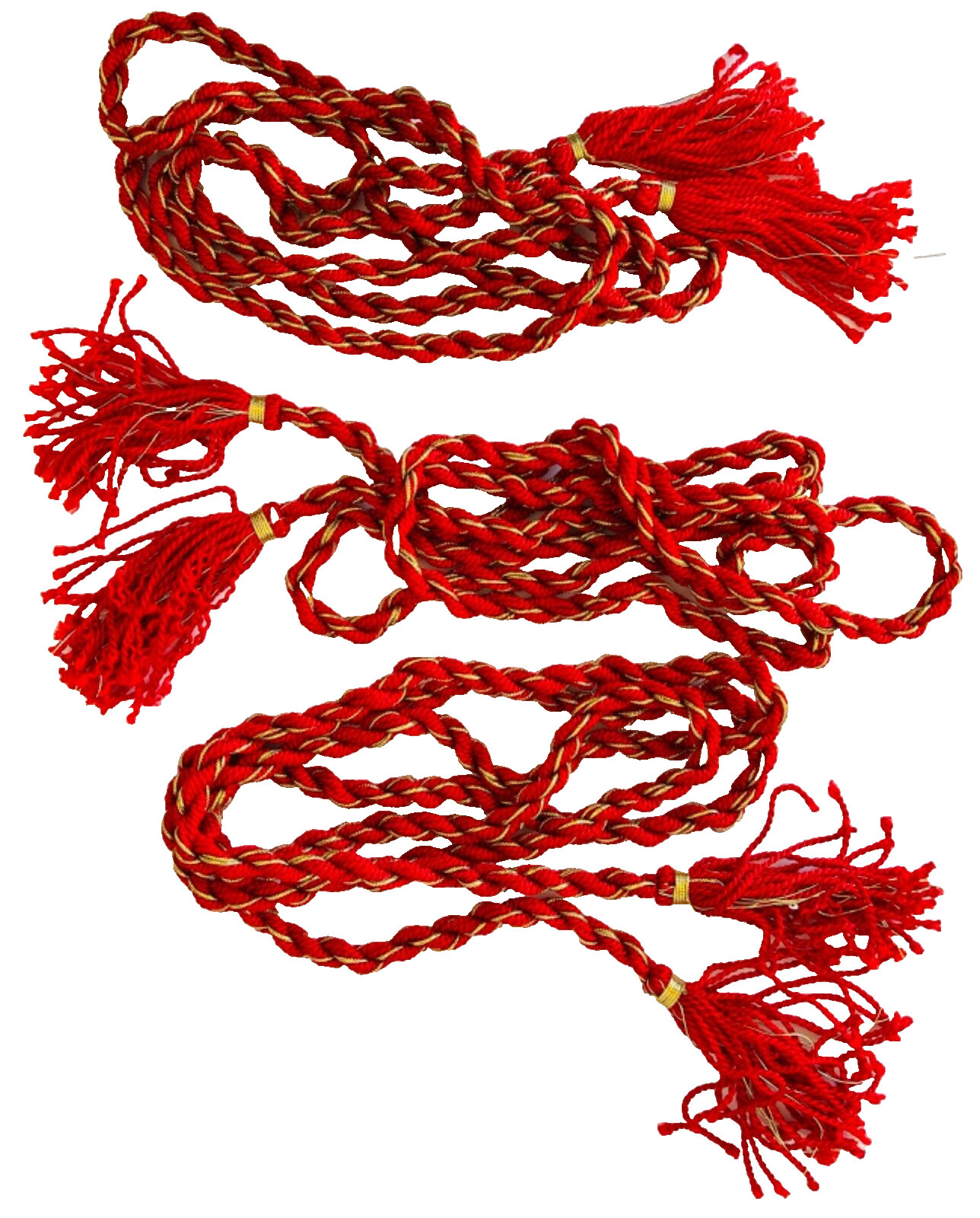 3 Red & Gold Twisted Cord Curtain Drapery Tie-Backs with Tassels 104″ long each
