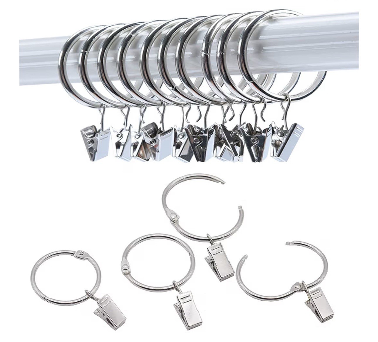KCLONGVS Silver 40 curtain rings 1.5 In.open with metal Clips hooks for curtains