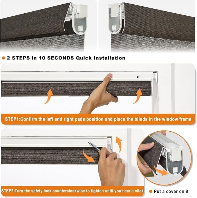 No Drill Light Filtering Roller Shades Cordless Linen Dark Brown Window Blinds