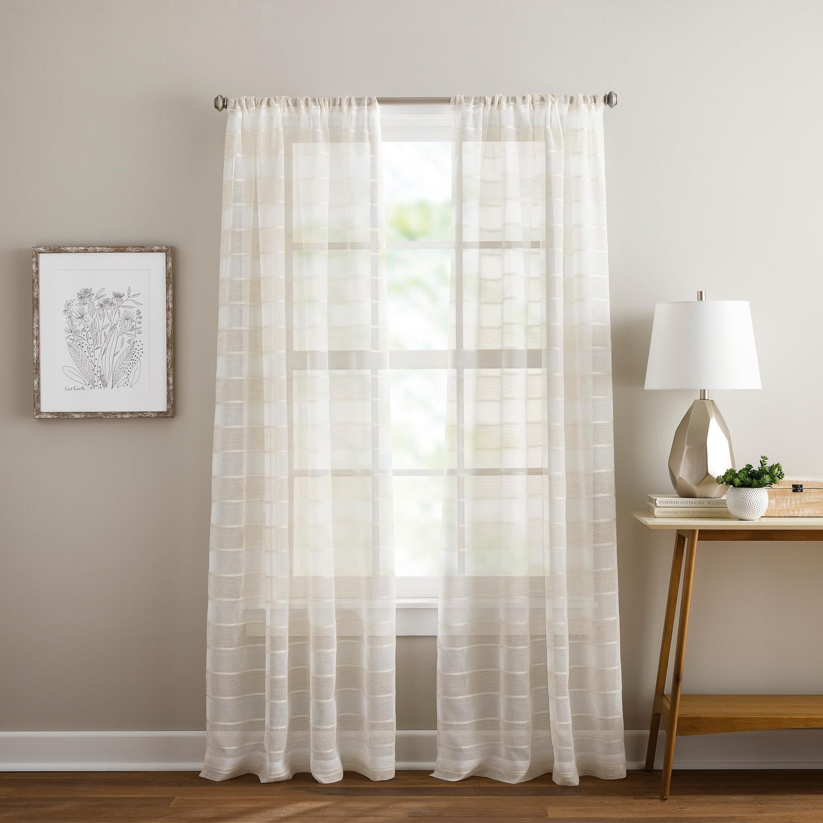 Linen Beige and White Striped Sheer Curtains for Living Room- 50″ x 63″- Set …