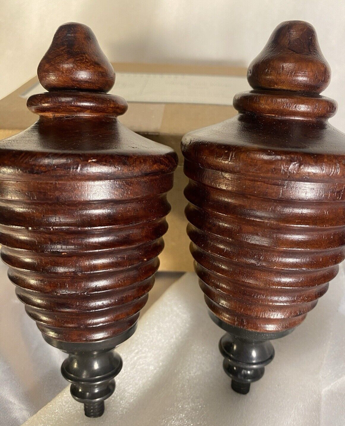 POTTERY BARN Library Urn Finials Aged Bronze Wooden Mahogany INDIA NIB-RARE