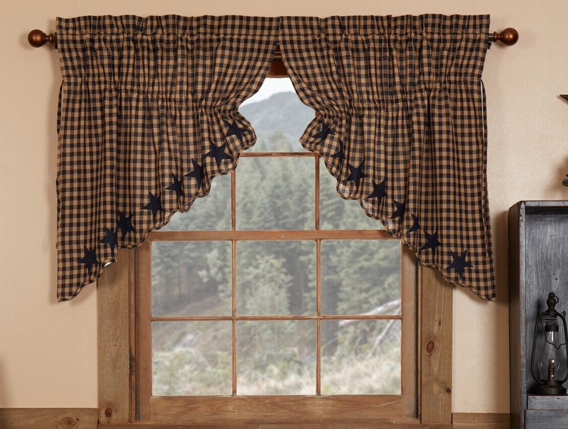Prairie Swag Navy Tan Check Applique Gathered Curtain 36 inch Victorian Heart