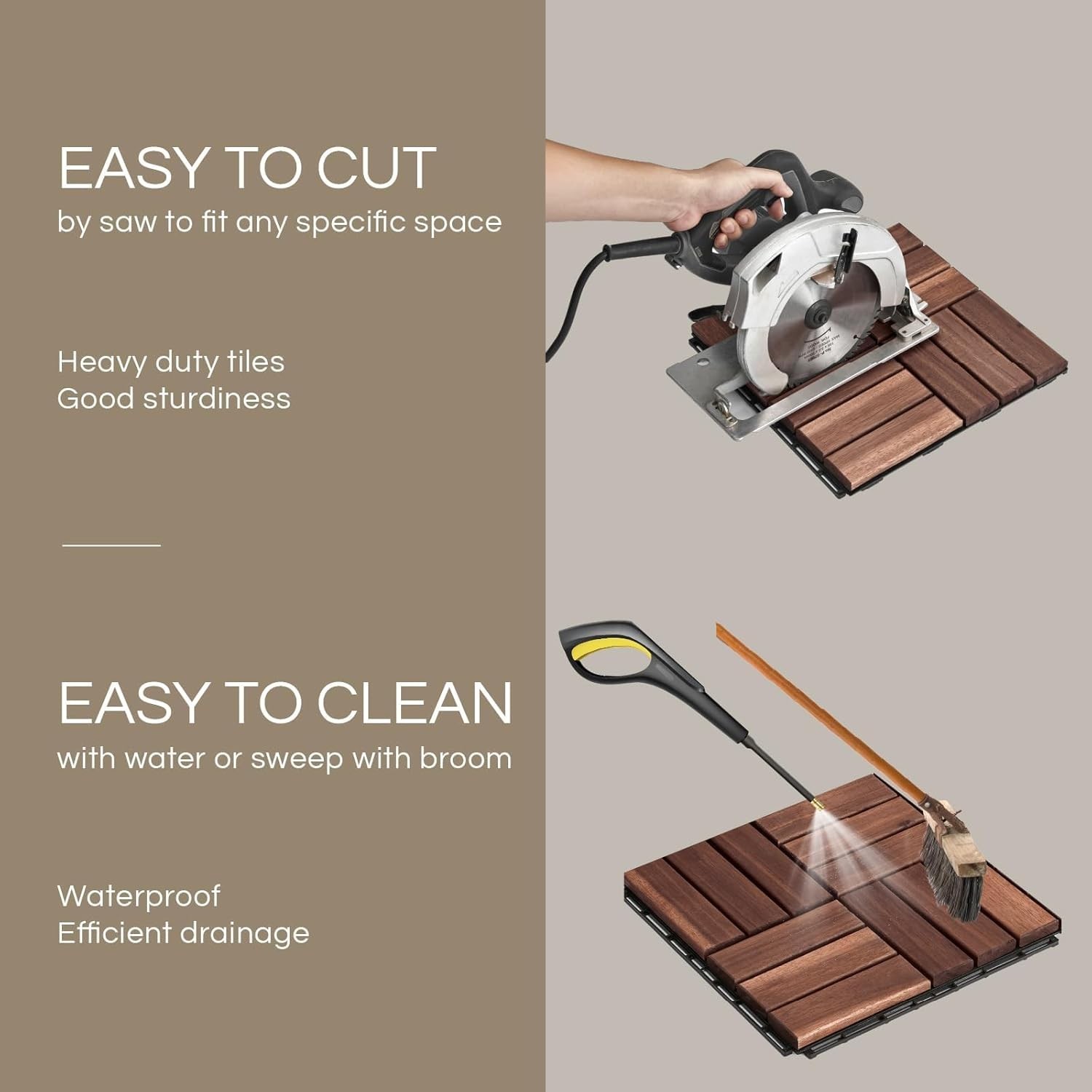 Interlocking Deck Tiles Waterproof Acacia Wood Set 10 12×12 Inches Brown Outdoor