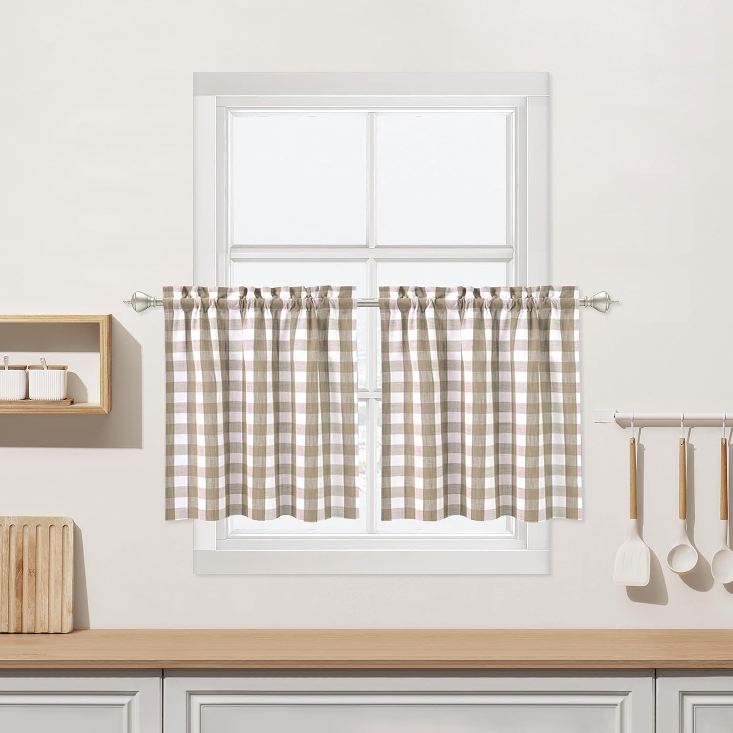 Beige Buffalo Plaid Cafe Curtains Farmhouse Tiers Kitchen Curtain 24 Inches Long