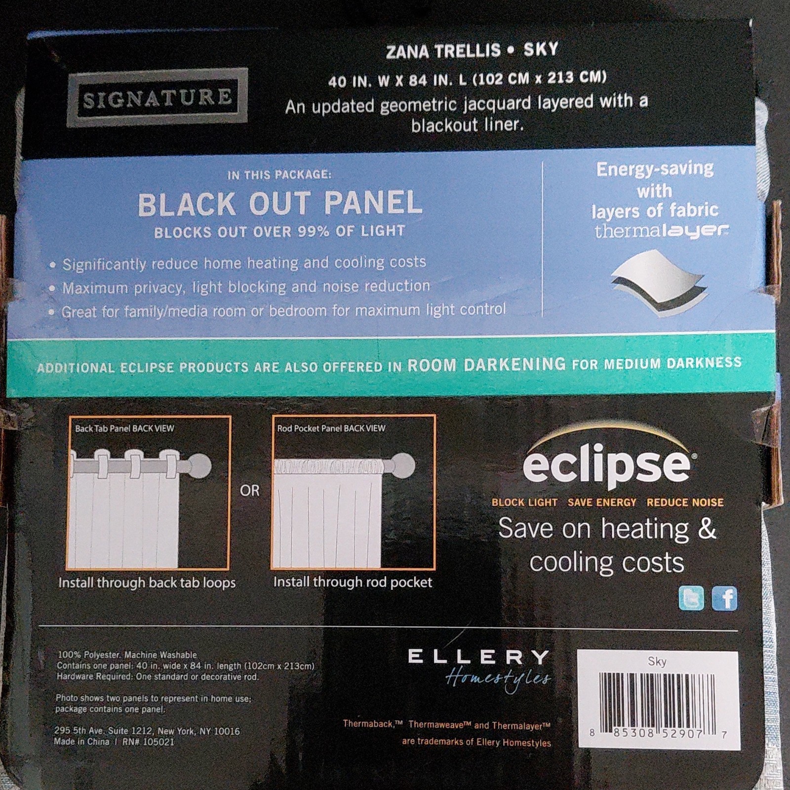 Eclipse Zana Trellis Blackout Curtain Panel 40 x 84 Geometric Energy Save