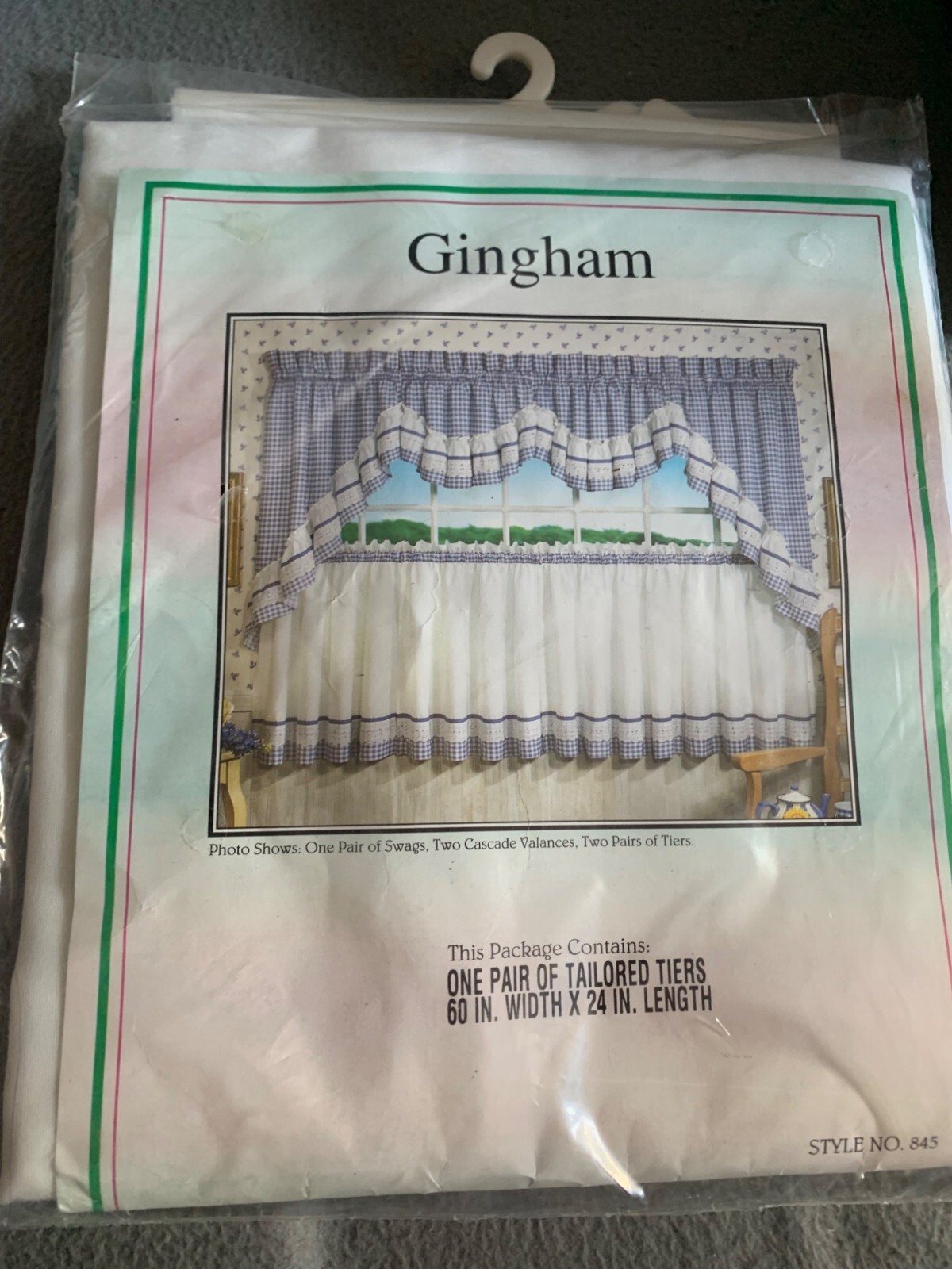 Green Gingham Tailored Tiers Curtain Set 60″ w x 24″ L New