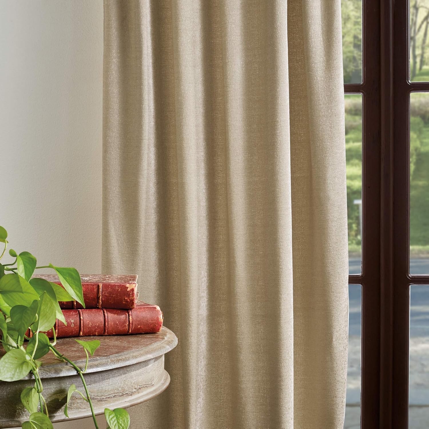 Naples Chenille Solid Back Tab Window Curtain Panel Pair, 95″, Natural