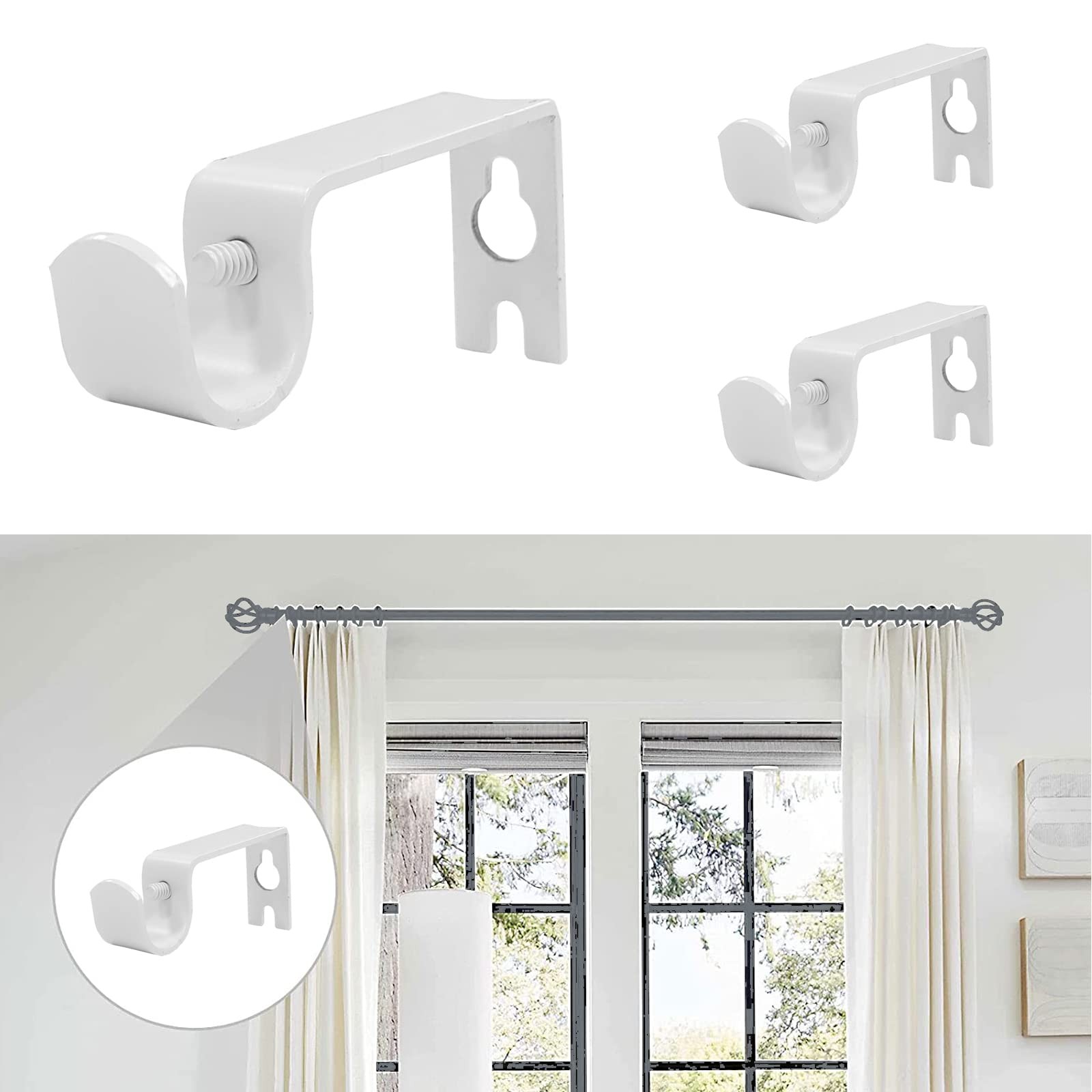 2 PCS Curtain Bracket Holders Fixed Mount Fits 1/2 5/8 Inch Rods White