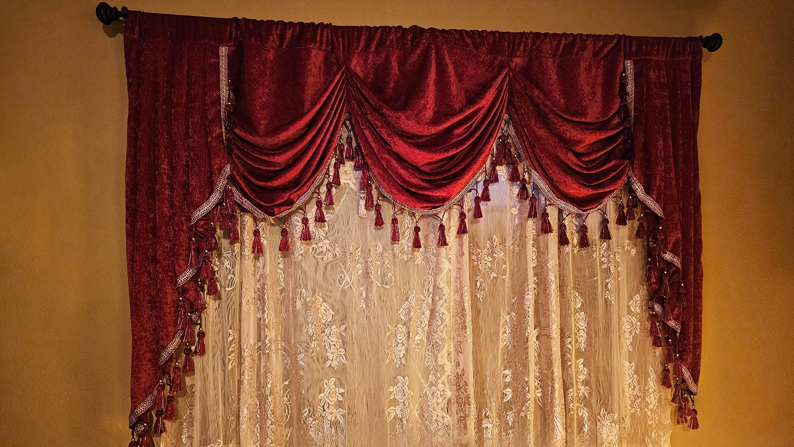 79″W – Thick Burgundy Chenille Waterfall Window Curtain Valance